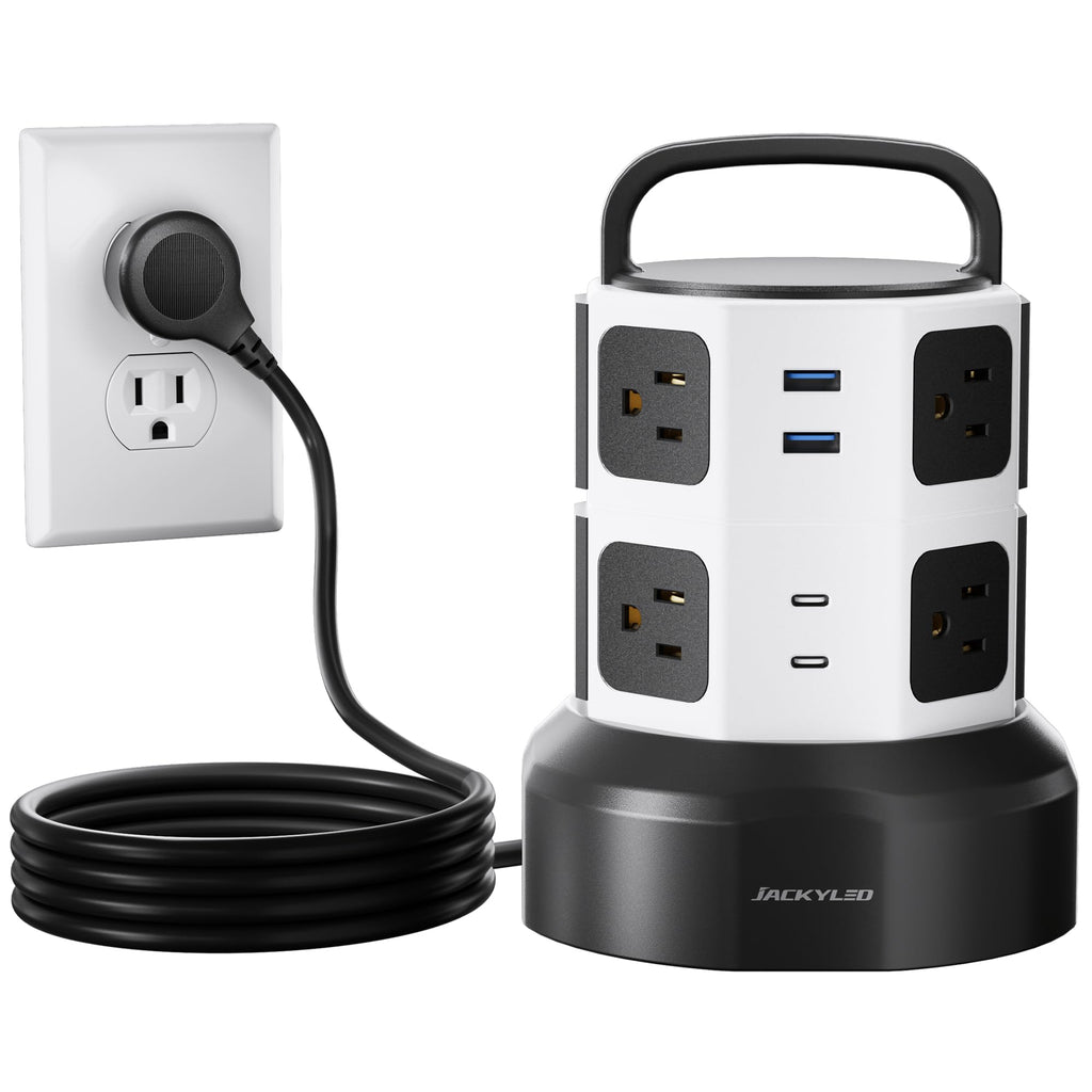 Power Strip Tower Surge Protector, JACKYLED 1625W 13A Outlet Surge Electric Tower, 12 Outlets 6 USB Ports Charging Station with 16AWG 6.5ft Heavy Duty Extension Cord for Home Office Dorm