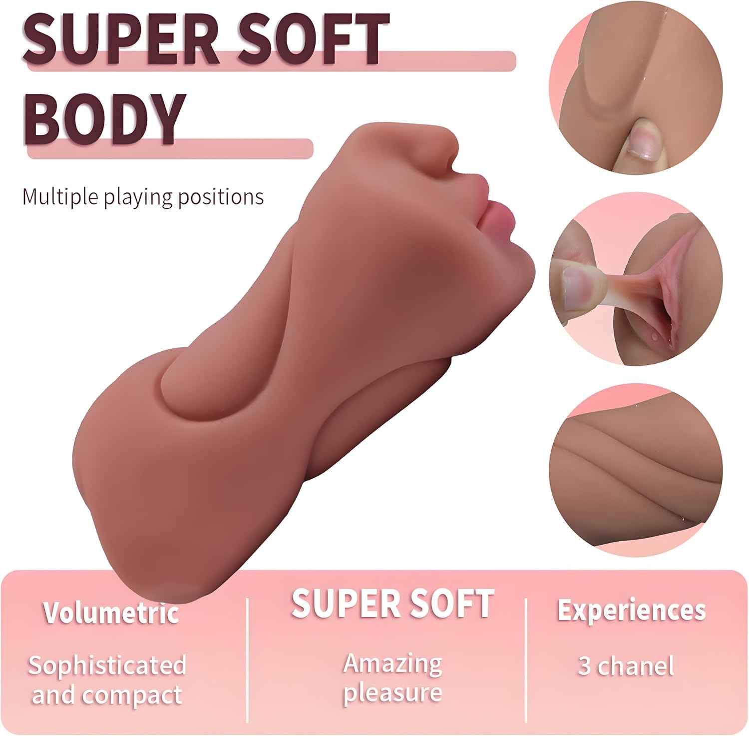 Male Oral Sex masturbator, 3 in 1 Mouth Realistic Texture Mouth and Tight Anus, Vagina and Anus Male Touch irritating Adult Sex Toy-Brown