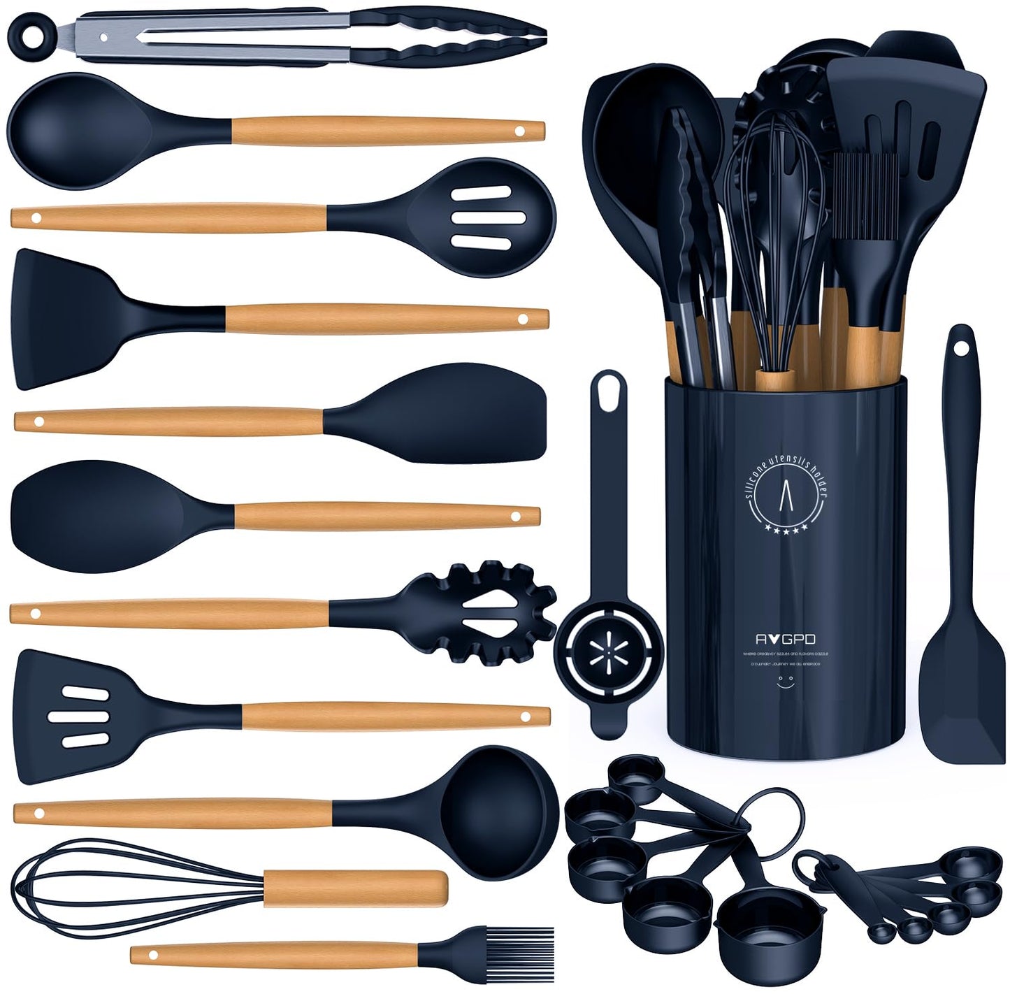 Dishwasher Safe Large Silicone Cooking Utensils Set - Heat Resistant Silicone Kitchen Utensils for Cooking, Spatula Sets, Kitchen Utensil Gadgets for Non-Stick Cookware, BPA FREE (Grey)