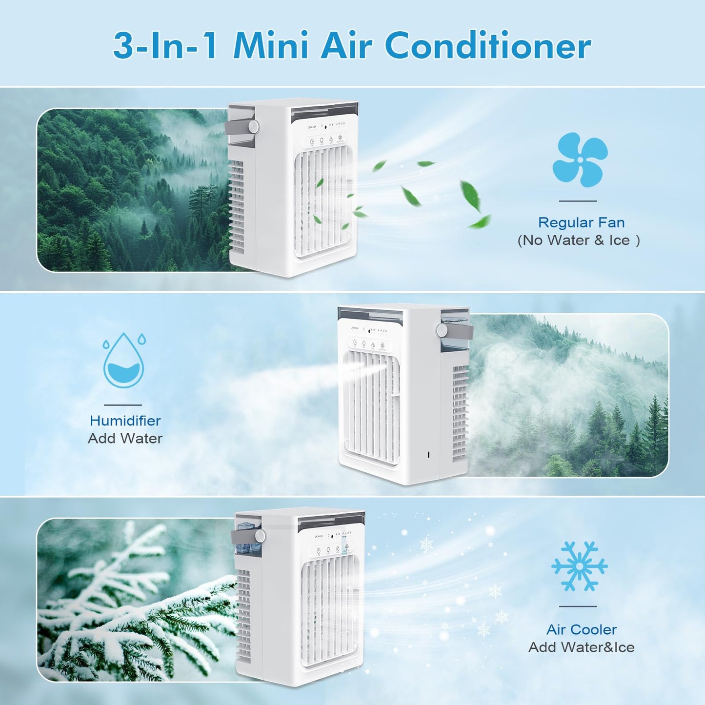 Portable Air Conditioners For Indoor Office Bedroom, USB Charging Small Cooling Fan (Include 5V 2A Adapter) 3-in-1 Portable AC Unit, Personal Mini Air Conditioner With 1000ml Water Tank, 2/4/6H Timer