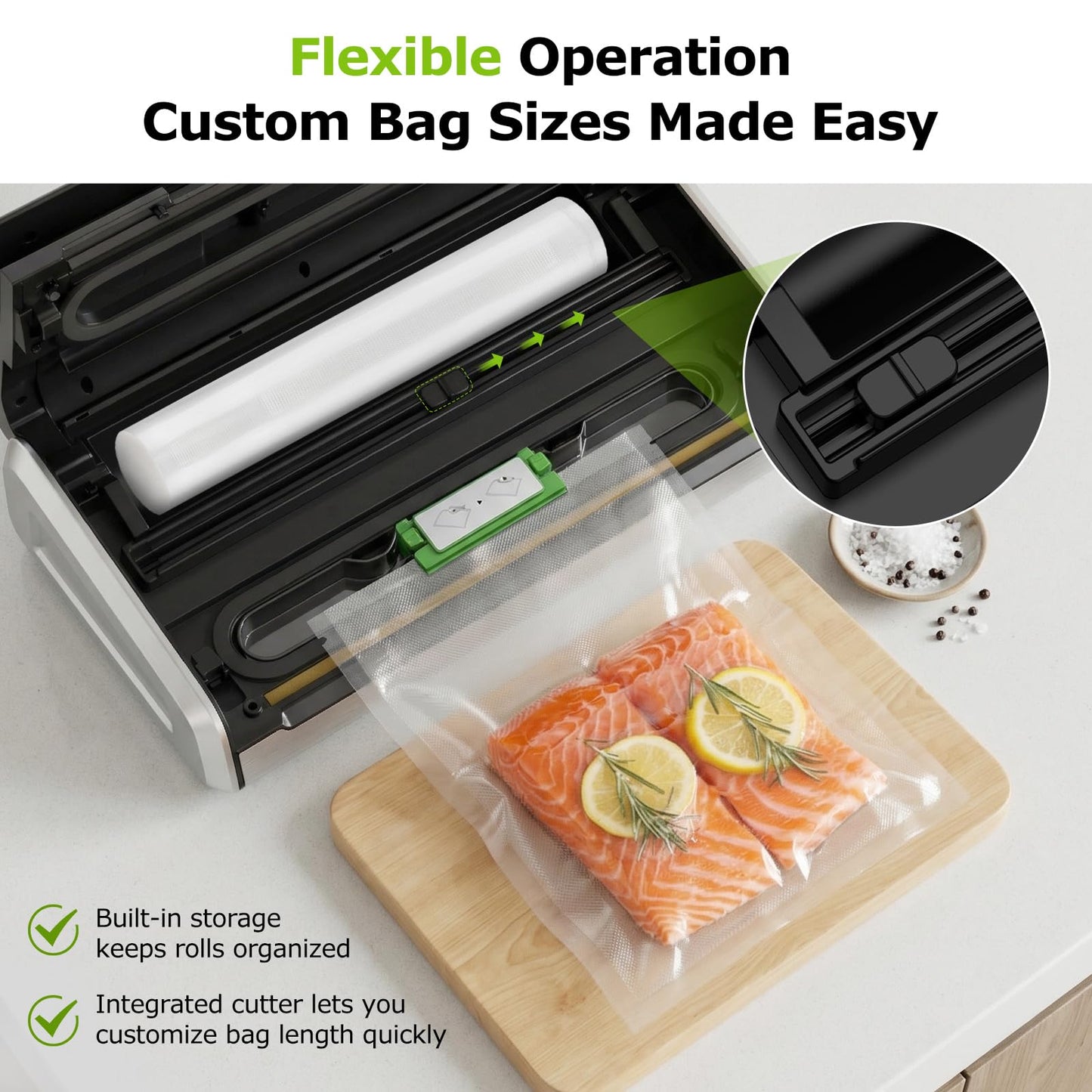 Bonsenkitchen Vacuum Sealer for Food, One-Hand Operation Food Vacuum Sealer Machine with 0.2-inch wider seal, Built-in Cutter and Bag Storage