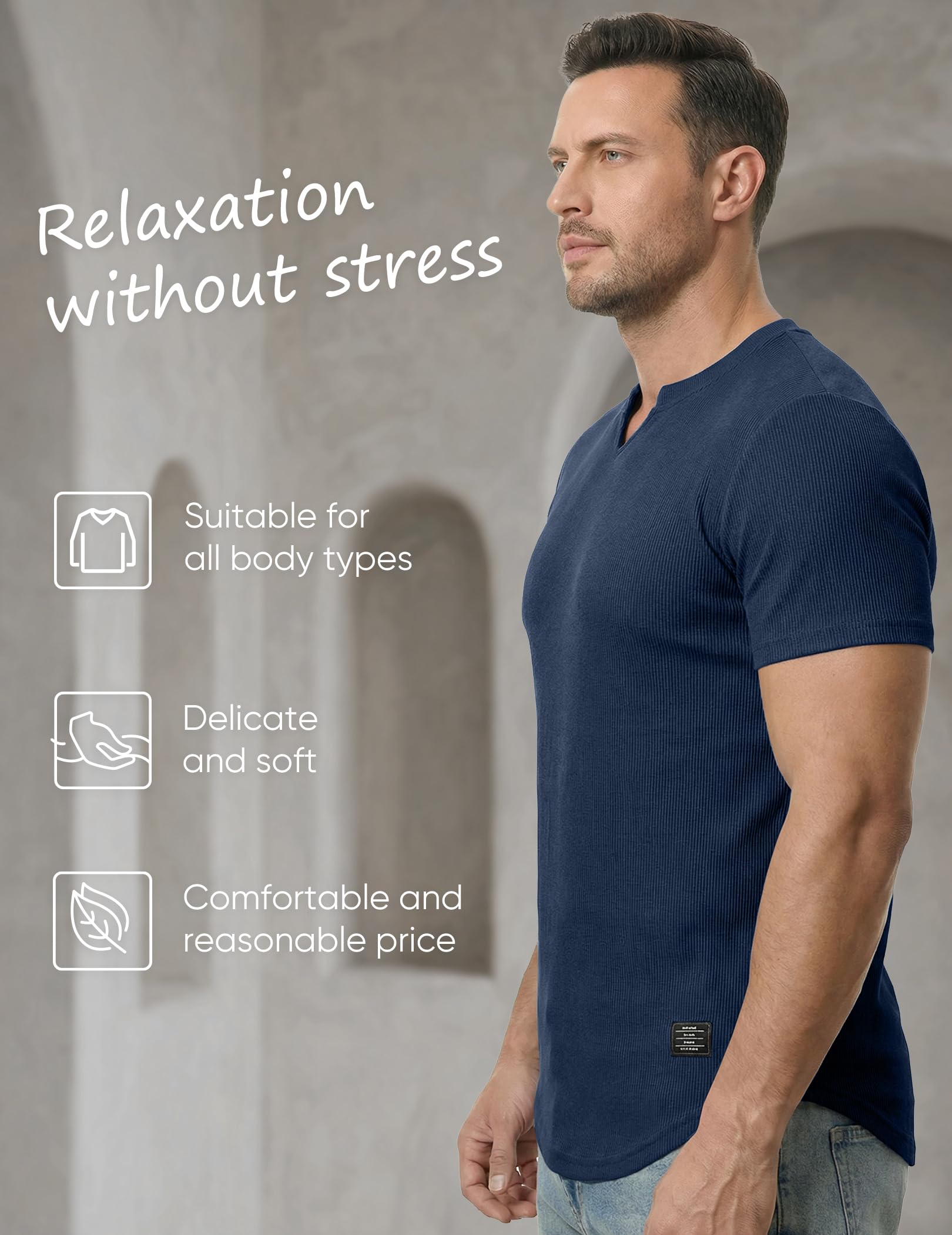 JMIERR Mens Muscle Slim T Shirts Texture V Neck Longline Henley Gym Workout Athletic Tee Shirt