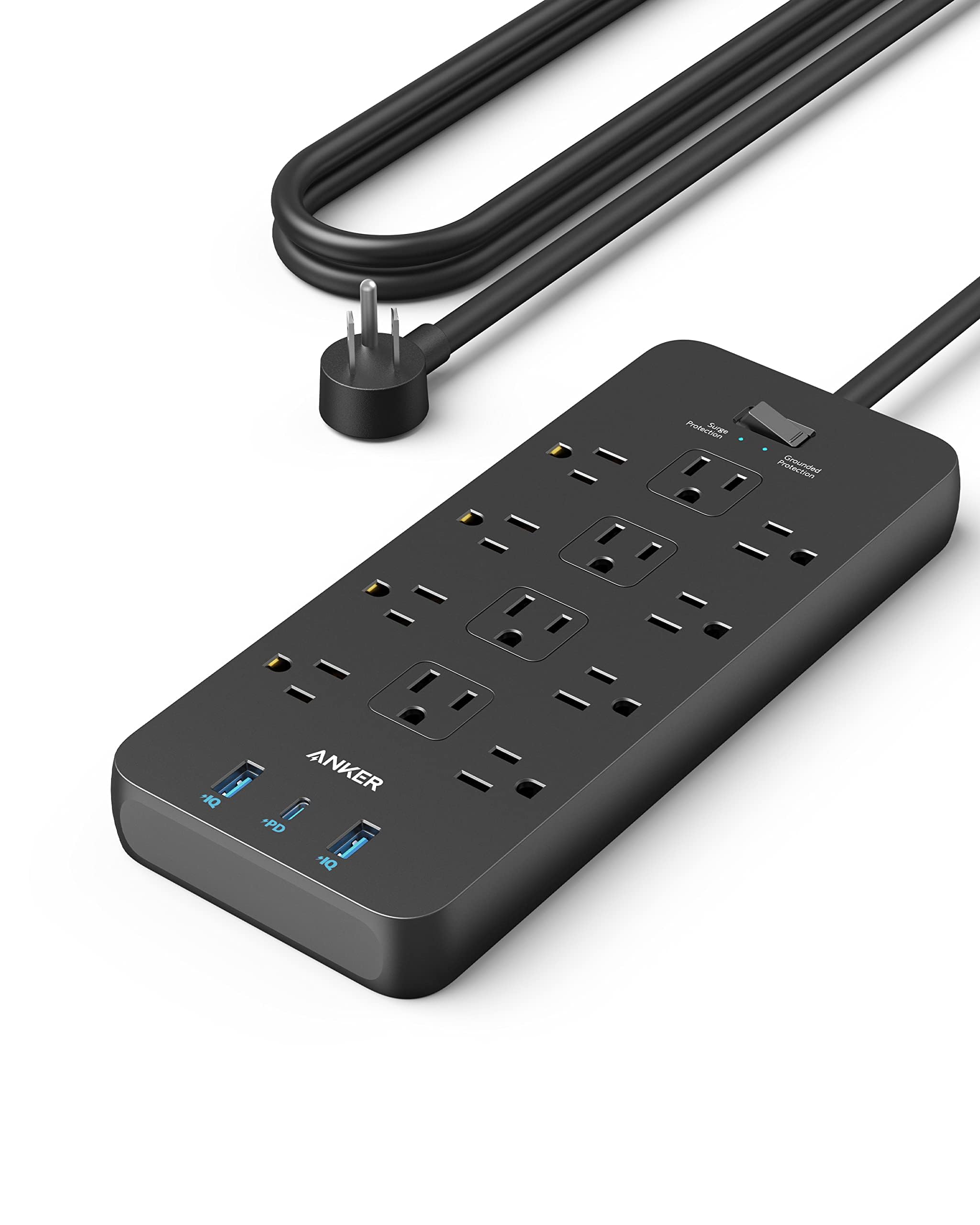Surge Protector Power Strip (2100J)，Anker 12 Outlets with 1 USB C and 2 USB Ports ，for iPhone 15/15 Plus/15 Pro/15 Pro Max, Extension Cord, Flat Plug, 20W Charging.