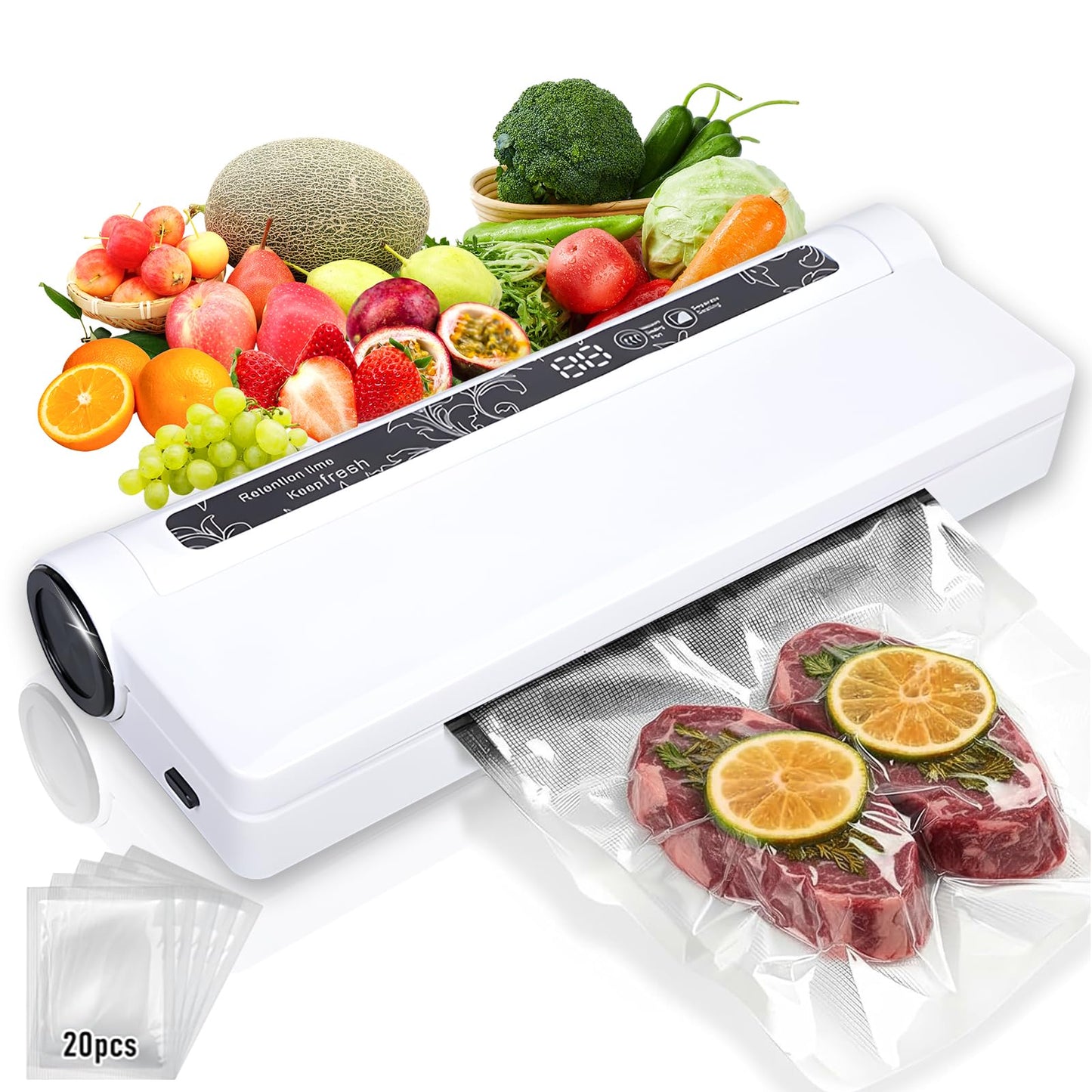 Food Vacuum Sealer Machine,Dry/Wet Modes,75KPA Strong Suction,Compact Household Vacuum Sealer,Digital Countdown Timer,Includes 20 Vacume Sealed Bags,for Home Kitchen Use,Restaurant Food Storage