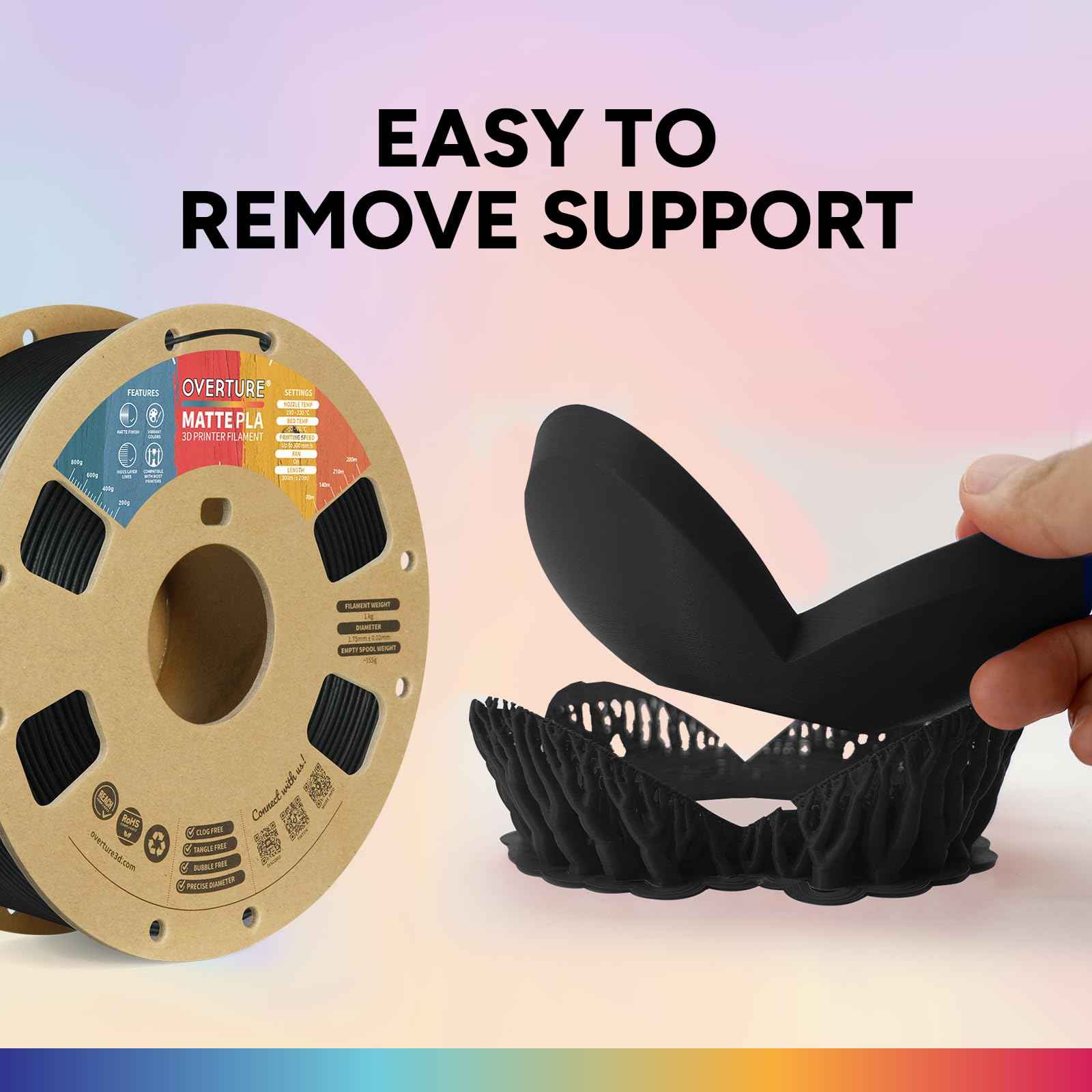 OVERTURE Matte PLA 3D Printer Filament 1.75mm, Matt Surface & Low Warping Filament 1kg Spool (2.2 lbs), Accuracy +/- 0.02 mm, Fit Most FDM Printers