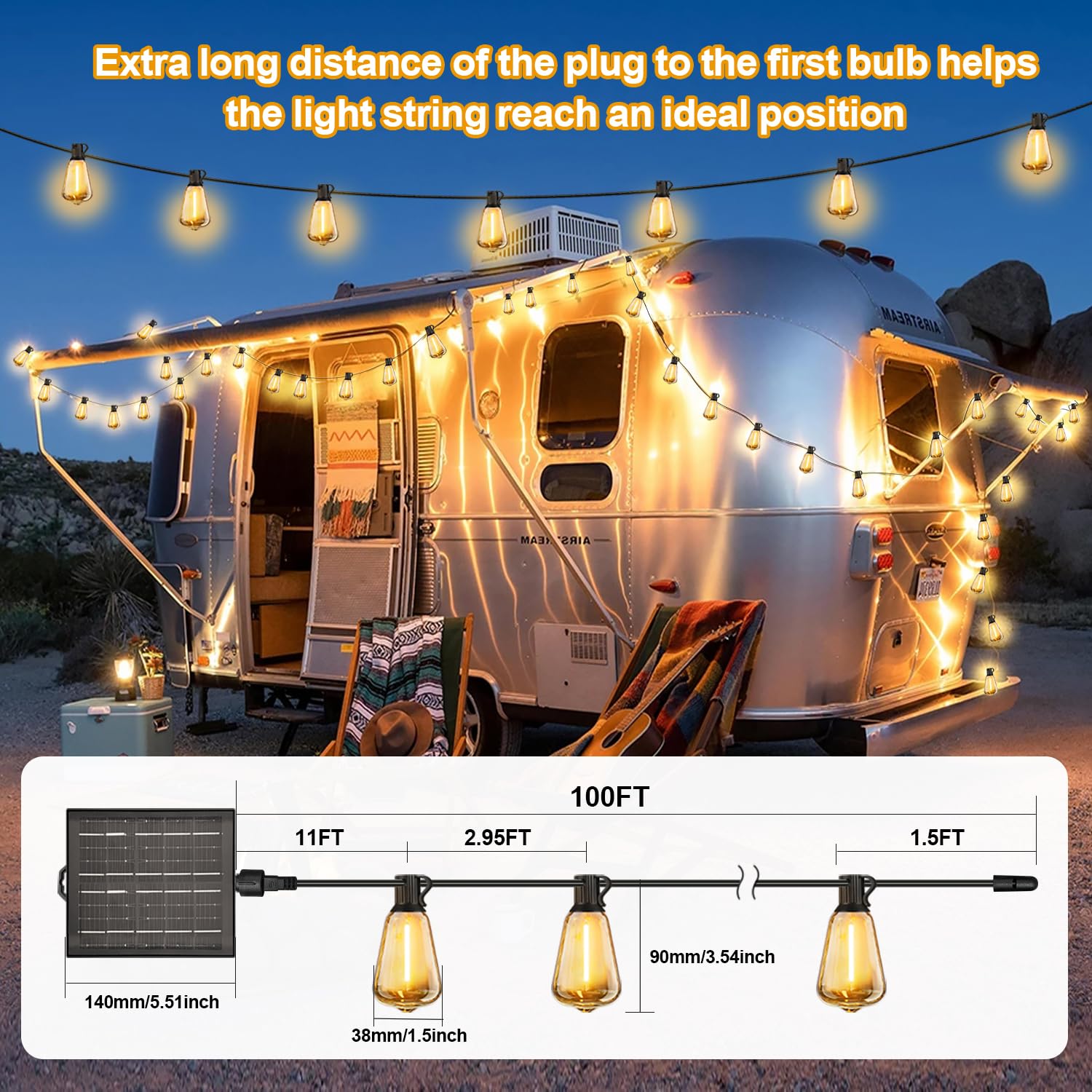 Skoiuc Solar String Lights Outdoor Waterproof with Remote & Timer, LED Shatterproof ST38 Bulbs, USB & Solar Powered Patio Lights for Backyard, Porch, Garden, Wedding, Christmas Decor