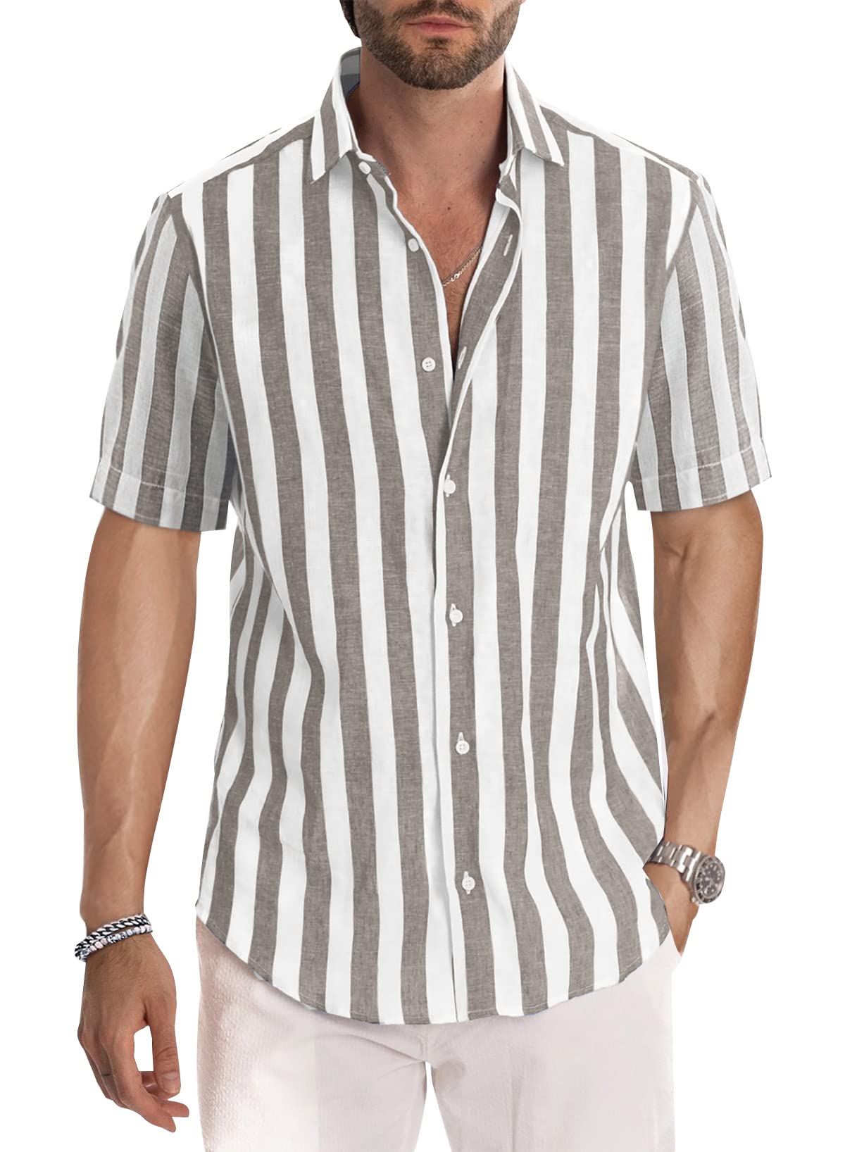 JMIERR Men's Casual Stylish Short Sleeve Button-Up Striped Dress Shirt Cotton Beach Shirts