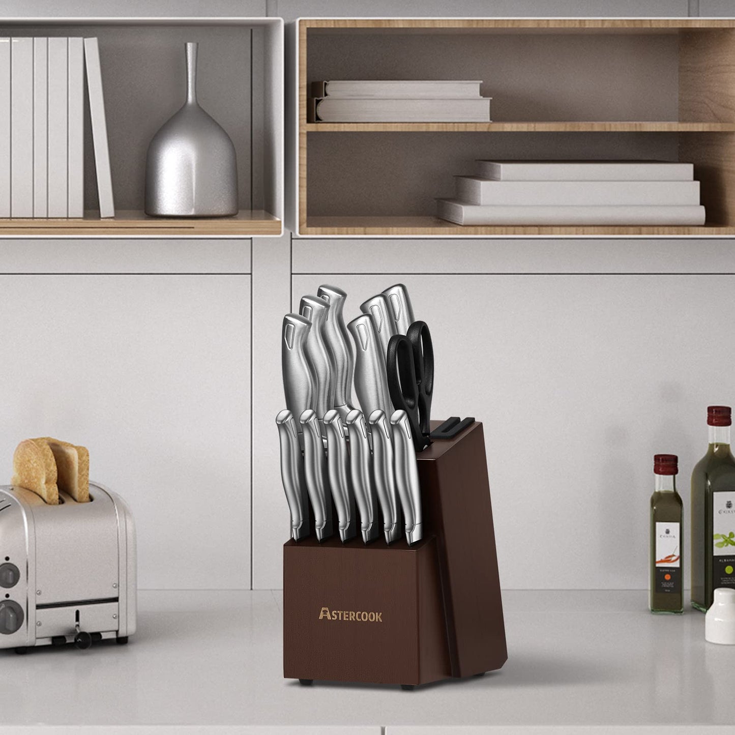 Astercook Knife Set, Kitchen Knife Set with Block, Built-in Knife Sharpener, German Stainless Steel Knife Block Set
