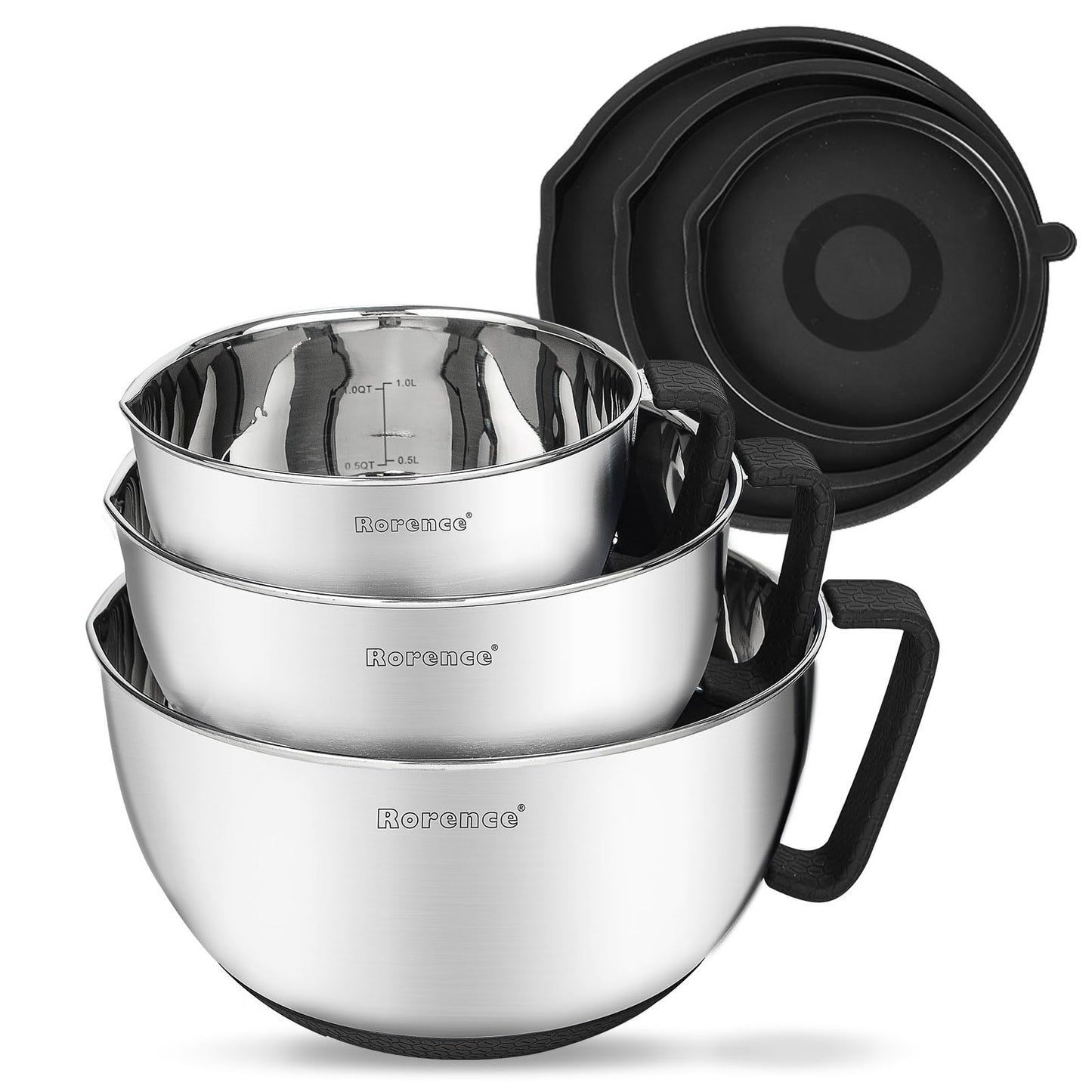 Rorence Stainless Steel Non-Slip Mixing Bowls With Pour Spout, Handle and Lid, Set of 3