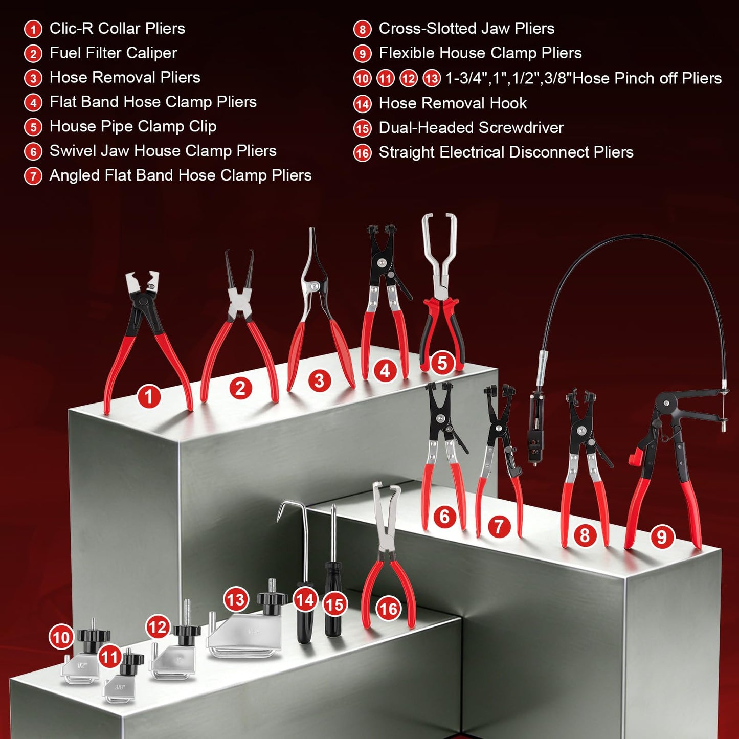 16PCS Hose Clamp Pliers, Hose Clamp Removal Tool Kit with Long Reach & Flexible Wire Tools for Fuel, Oil, Coolant, Radiator Hoses and Electrical Disconnect