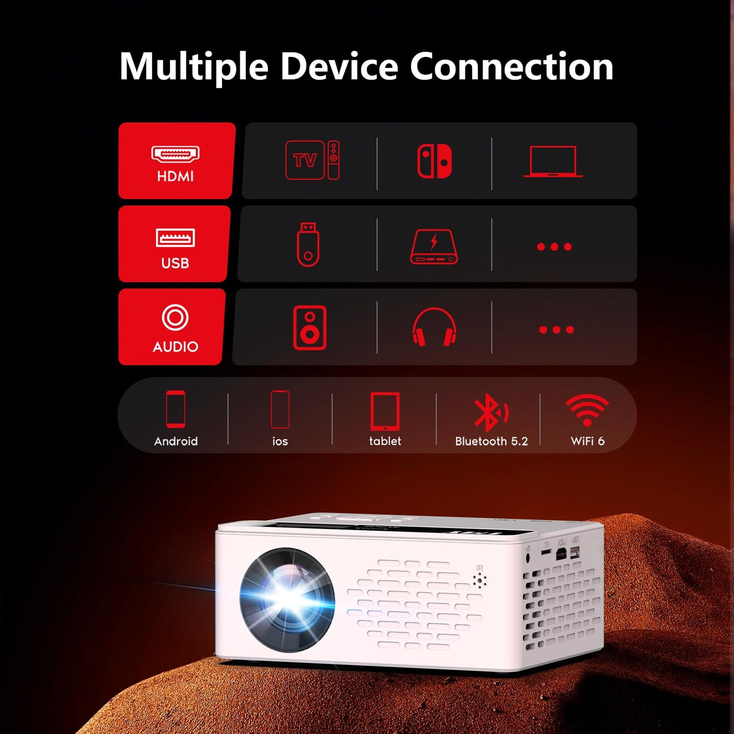 TMY 1080P Full HD Portable Mini Projector, Bluetooth Movie Projector, Compatible with TV Stick/Smartphone/PC/Game Console/HDMI/USB, Indoor & Outdoor Use