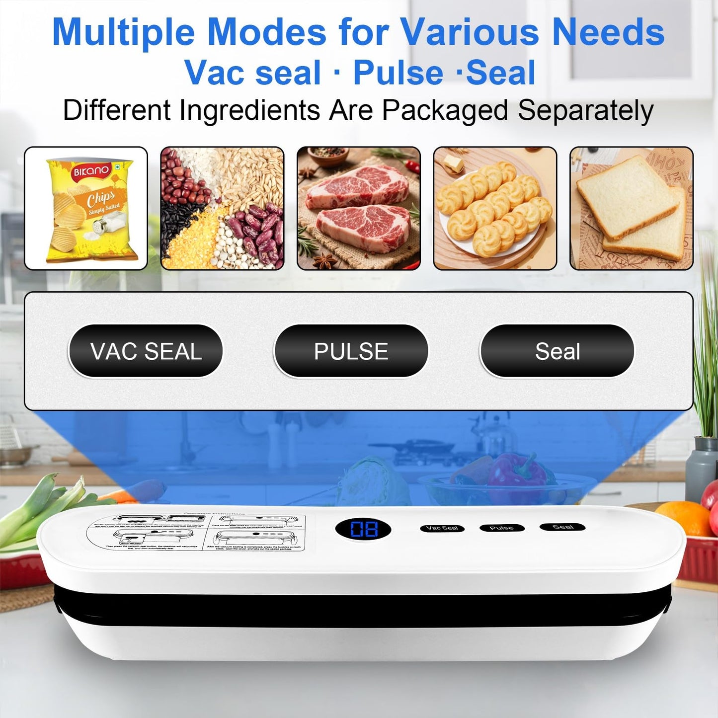 65KPa Automatic Food Vacuum Sealer,Small household vacuum sealer,food sealer,Digital Timer, Compact Design,with 10 Bags (white)