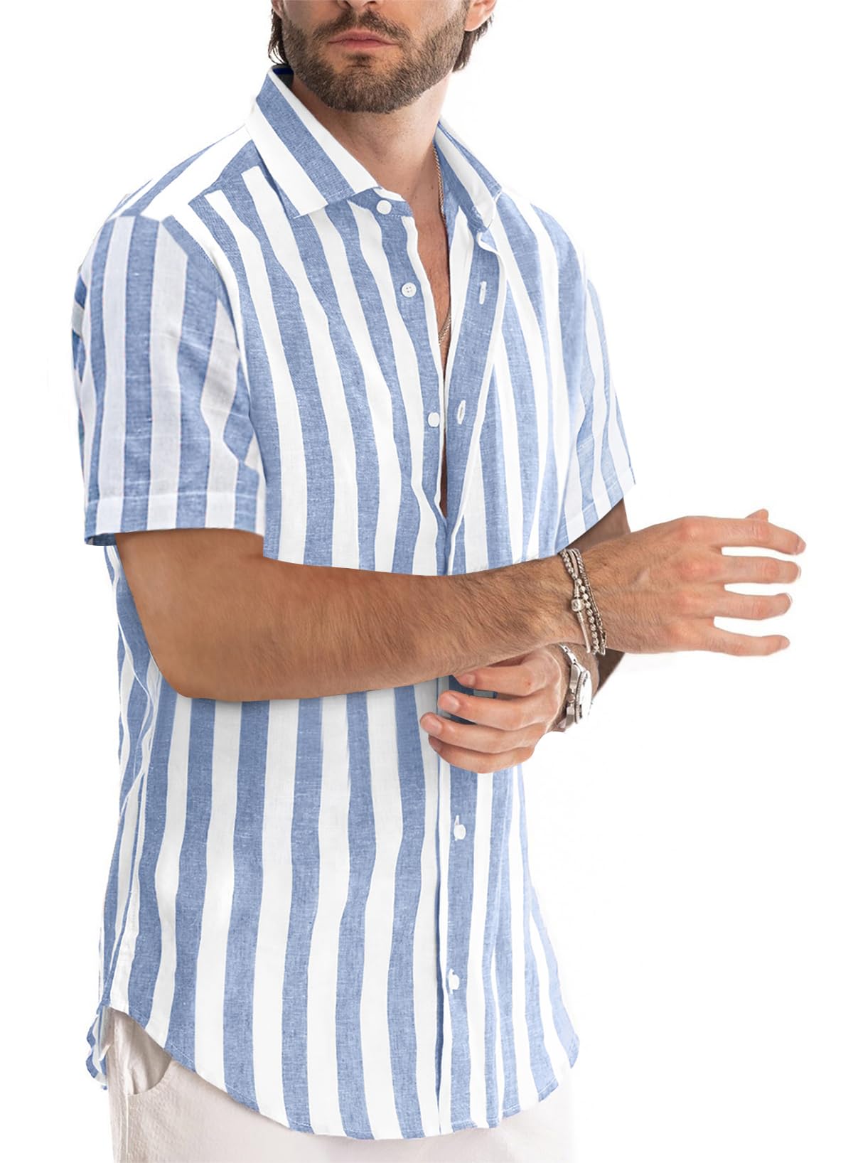 JMIERR Men's Casual Stylish Short Sleeve Button-Up Striped Dress Shirt Cotton Beach Shirts