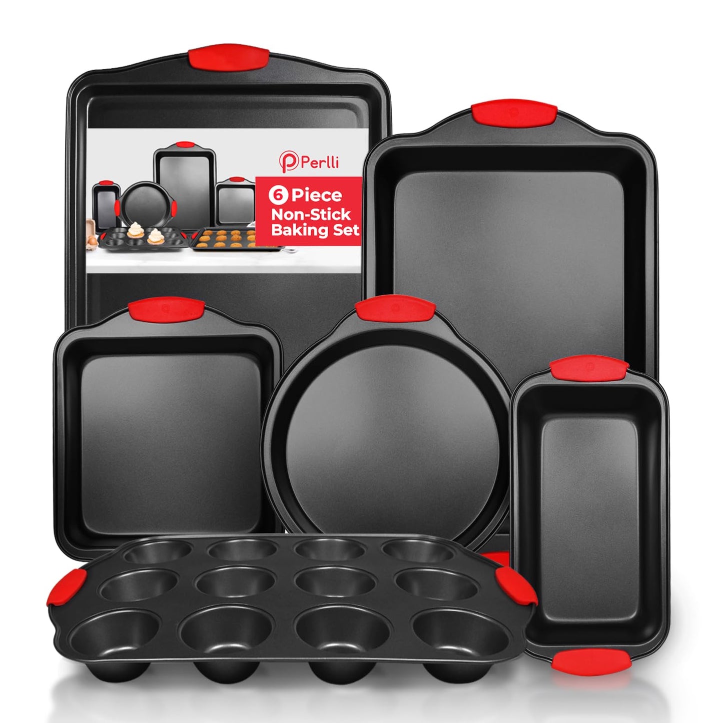 PERLLI Non-Stick Baking Pan Set, BPA-Free Carbon Steel Bakeware Set with Silicone Handles, Stackable Kitchen Oven Set, Cookie Sheet, Baking Tray, Baking Sheet Set, Oven Safe (446°F)