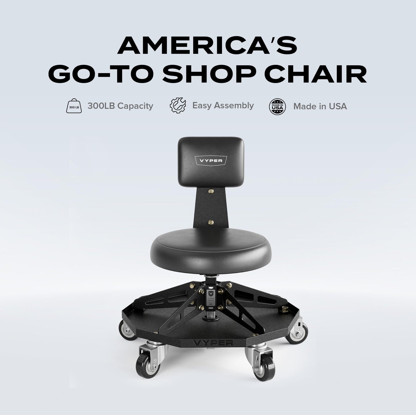 Vyper Robust Steel Sport Shop Chair for Mechanics, Automotive, DIY - Made in USA - 300 lb Capacity Garage Stool with Backrest and Large Wheels