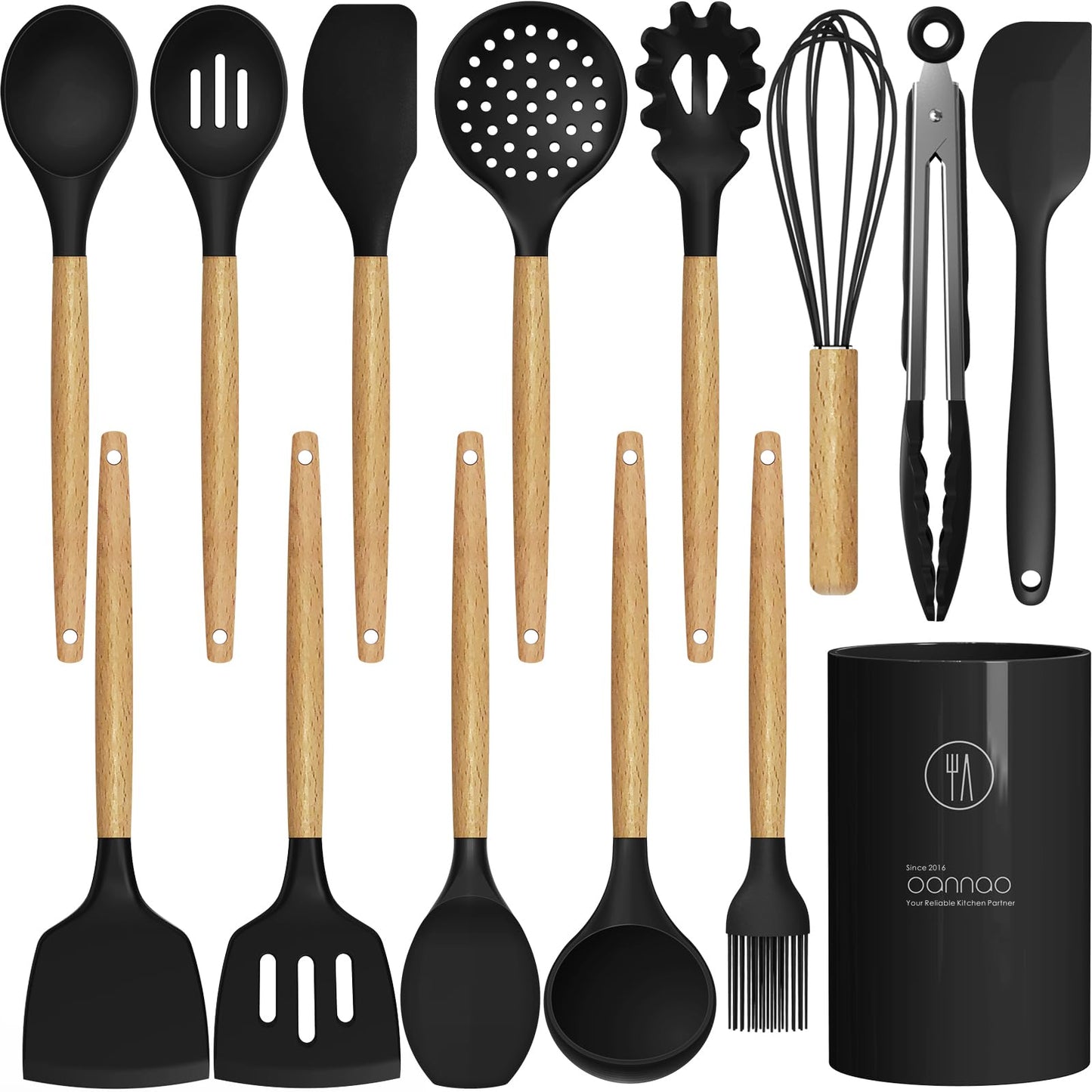 14 Pcs Silicone Cooking Utensils Kitchen Utensil Set - 446°F Heat Resistant,Turner Tongs, Spatula, Spoon, Brush, Whisk, Wooden Handle Gray Kitchen Gadgets with Holder for Nonstick Cookware (BPA Free)
