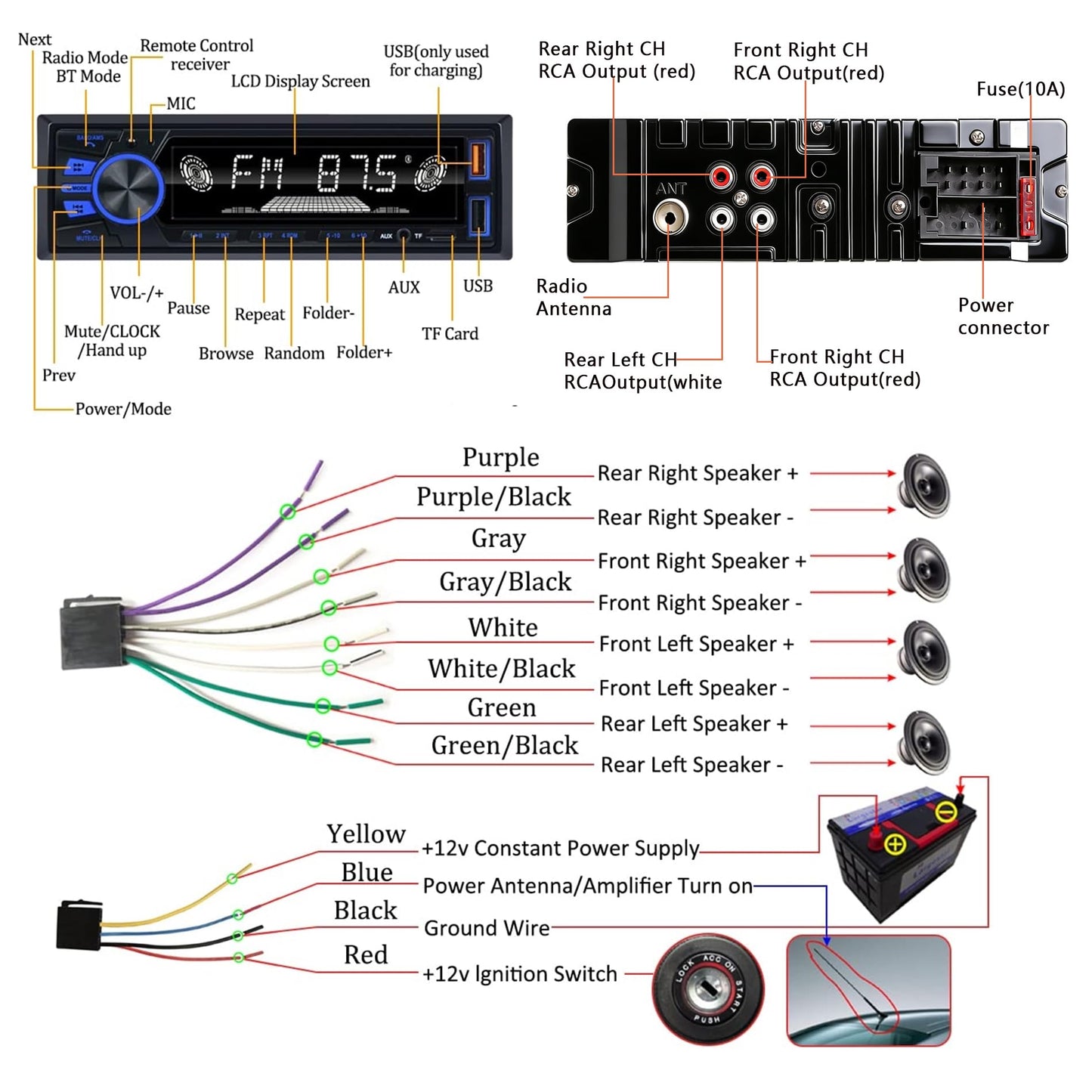 Car Radio Bluetooth Single DIN Car Stereo with Bluetooth,Car Audio with Push to Talk Button for Handsfree Calling,FM/ MP3/EQ/SD/AUX,Dual USB,iOS & Android App Control,7 LED Colors | No CD Player