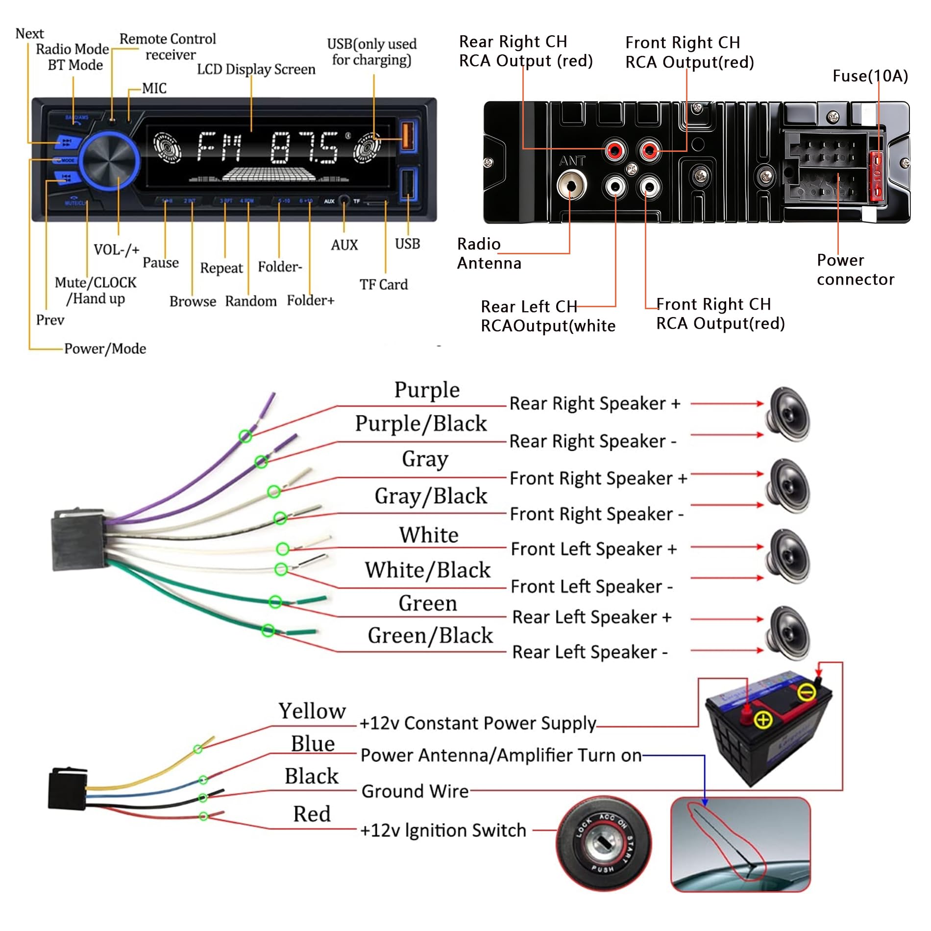 Car Radio Bluetooth Single DIN Car Stereo with Bluetooth,Car Audio with Push to Talk Button for Handsfree Calling,FM/ MP3/EQ/SD/AUX,Dual USB,iOS & Android App Control,7 LED Colors | No CD Player