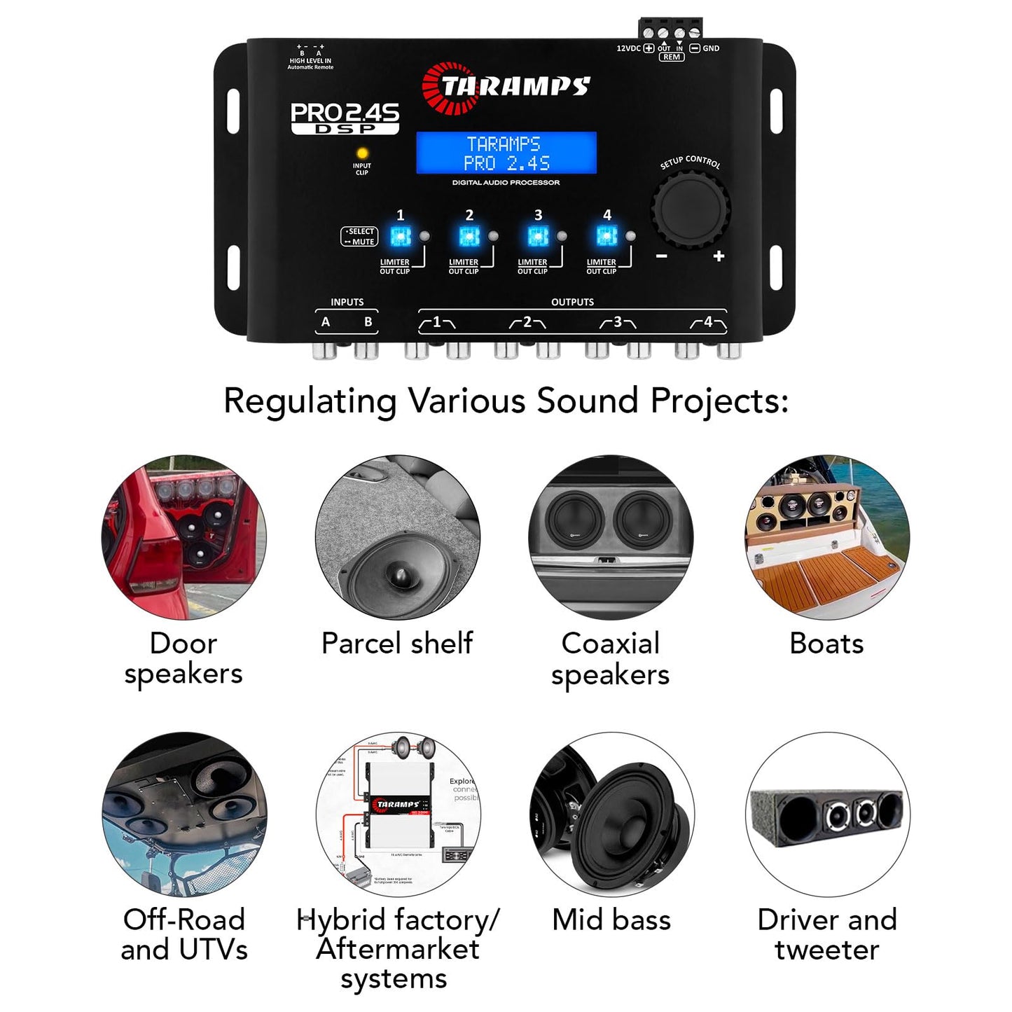 Taramps Pro 2.4S DSP Crossover Full Digital Signal Processor and Equalizer with sequencer 15-Band Graphic Equalization 12 preset EQ 2-Channel in and 4-Channel Out