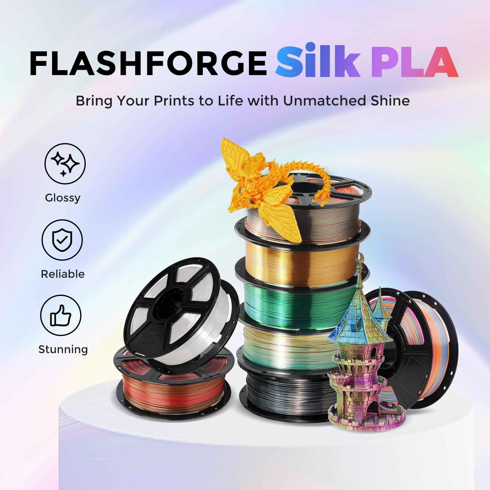 FLASHFORGE Silk PLA Filament 1.75mm, 3D Printer Filament 1kg (2.2lbs) Spool, Smooth and Silky Texture 3D Printing Filament, Dimensional Accuracy +/- 0.02mm