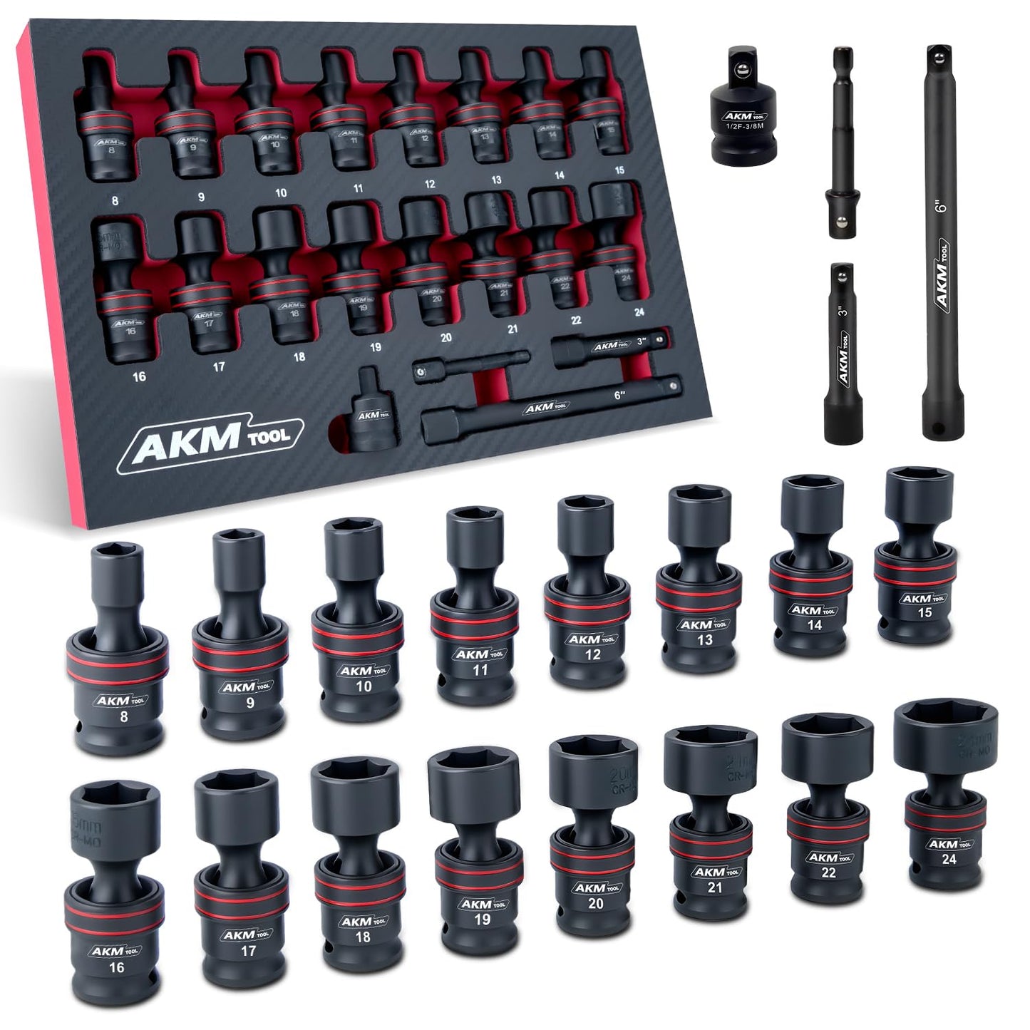 AKM TOOL 3/8" Drive Universal Impact Socket Set, Swivel Socket Set, Universal Joint Socket 6-Point, Metric