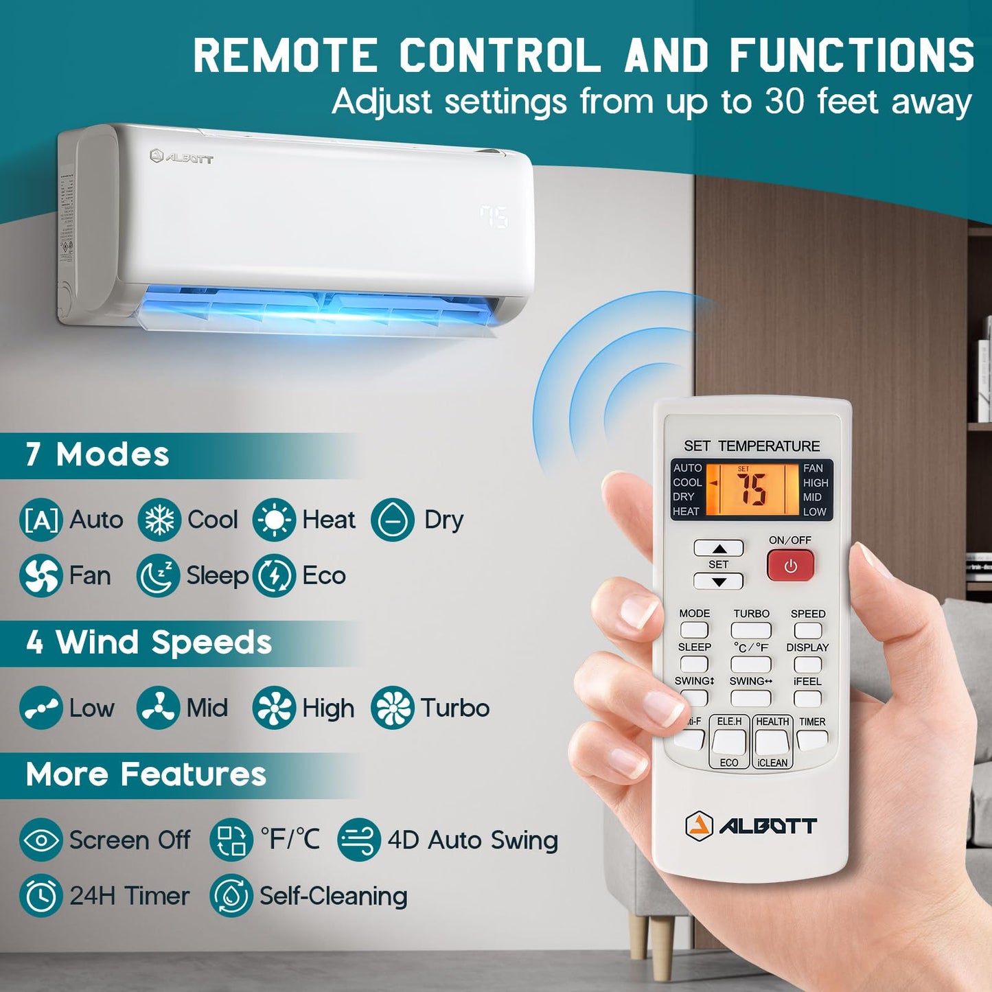 Albott Mini Split Air Conditioner and Heater, Inverter Energy-Efficient AC with Self-Cleaning, Remote, Energy Saving, Easy Installation