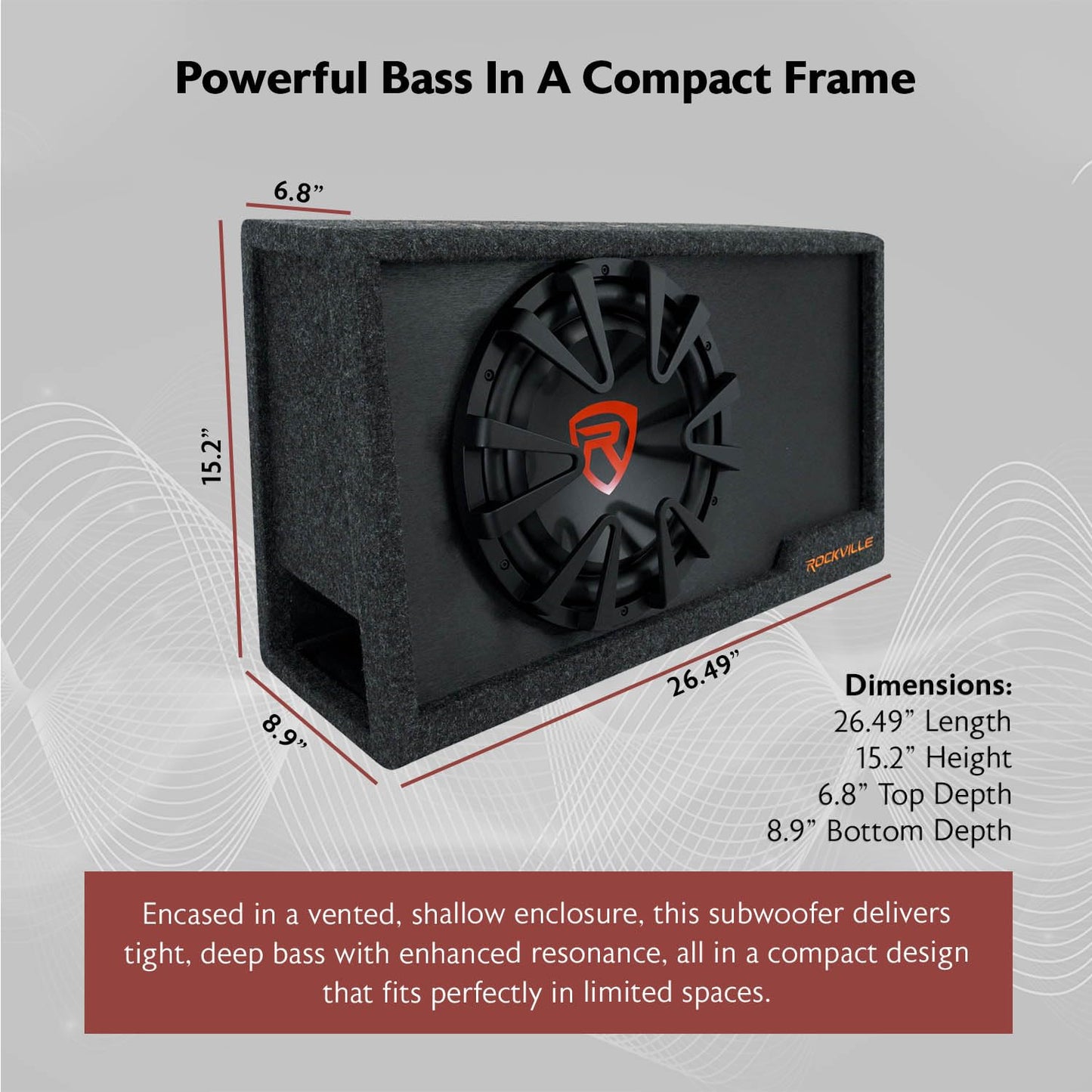 Rockville RVS12A 1400W Peak / 350W RMS 12" Slim Vented Powered Car Subwoofer Enclosure, 4-Ohm, Remote Bass Knob, Subsonic Filter, MDF Build, for Car Audio