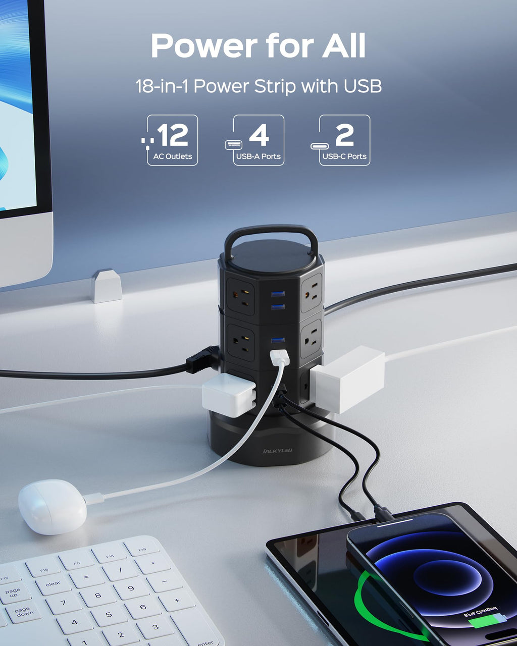 Power Strip Tower Surge Protector, JACKYLED 1625W 13A Outlet Surge Electric Tower, 12 Outlets 6 USB Ports Charging Station with 16AWG 6.5ft Heavy Duty Extension Cord for Home Office Dorm