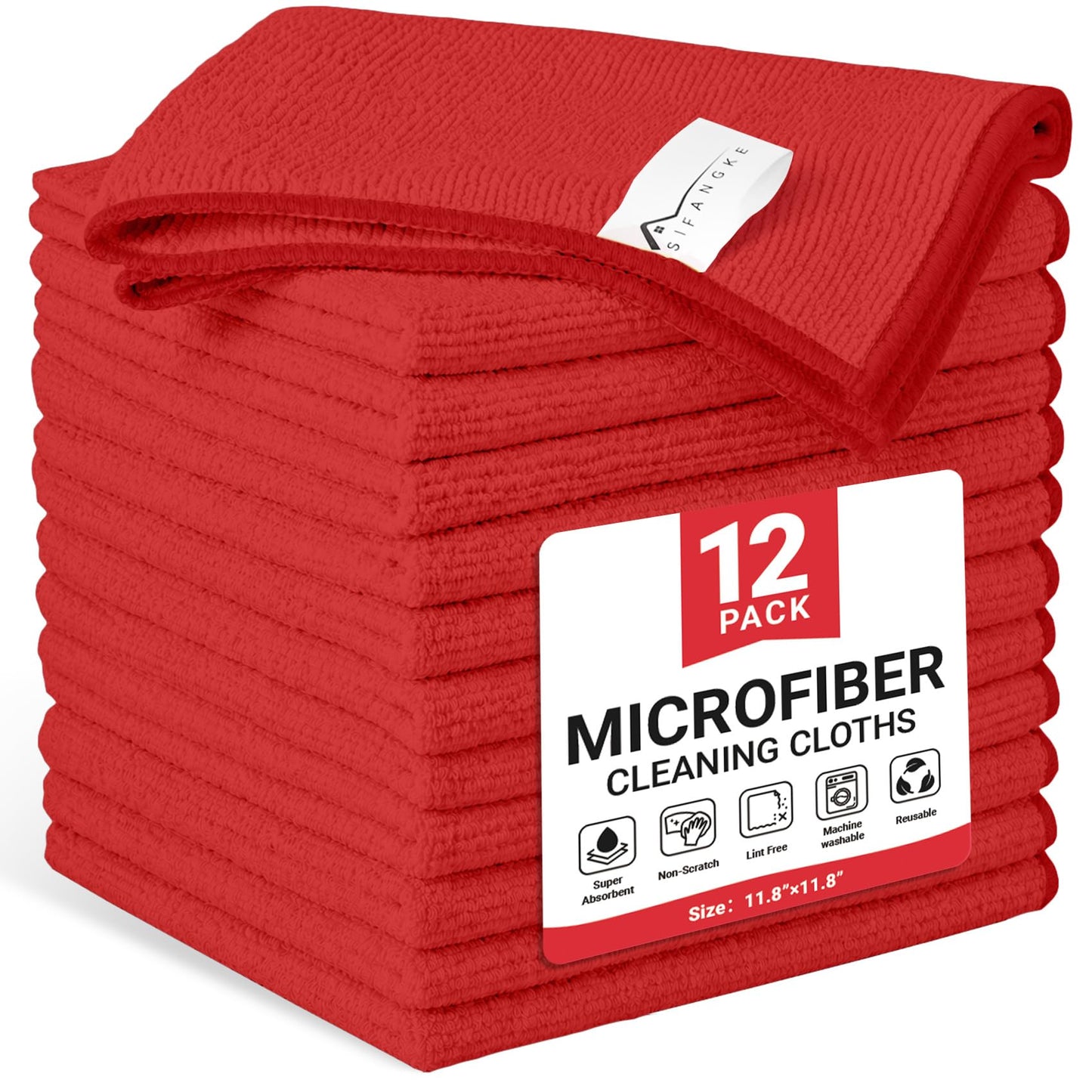 SIFANGKE Microfiber Cleaning Cloth, Lint-Free and Highly Absorbent Rags, Reusable Microfiber Towels for Car, Kitchen, Bathroom and Household Cleaning Supplies, 11.8"X11.8"