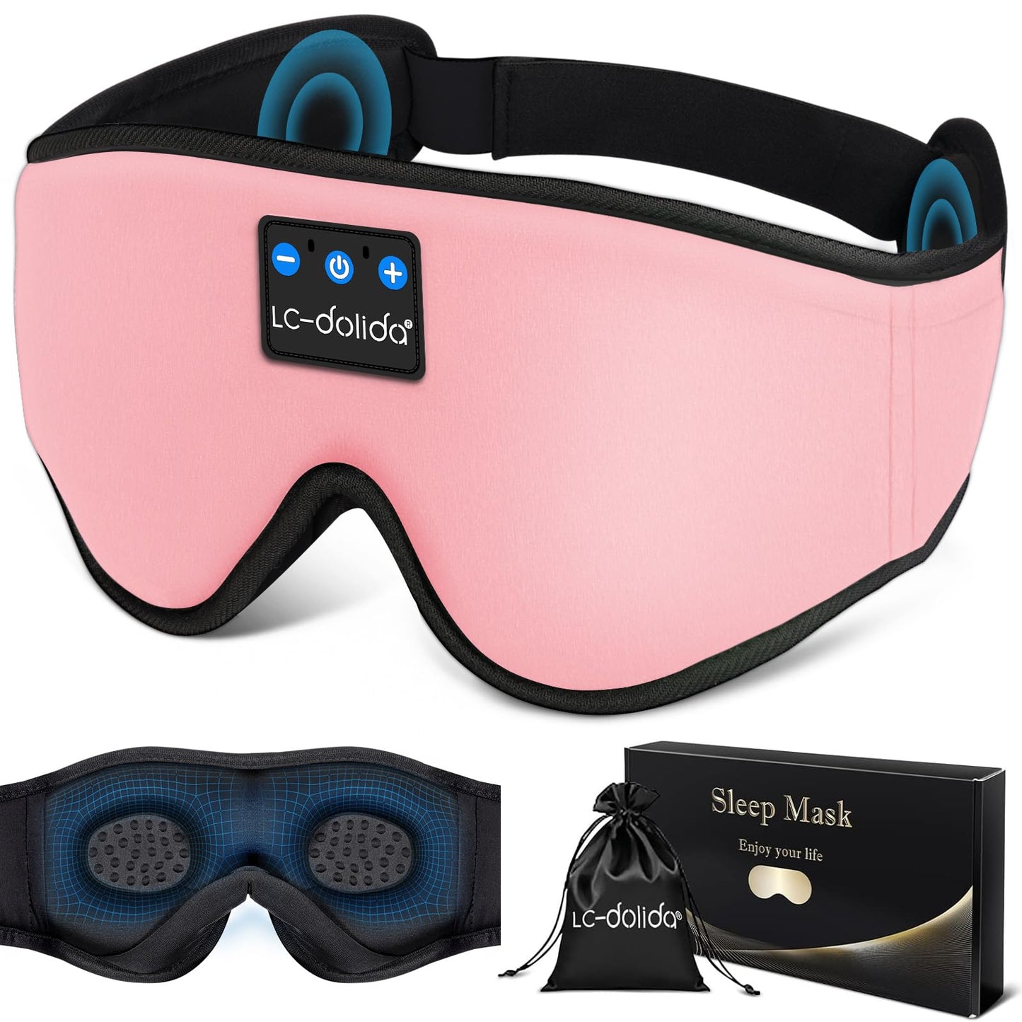 LC-dolida Sleep Headphones, 3D Sleep Mask Bluetooth Wireless Music Eye Mask, Sleeping Headphones for Side Sleepers