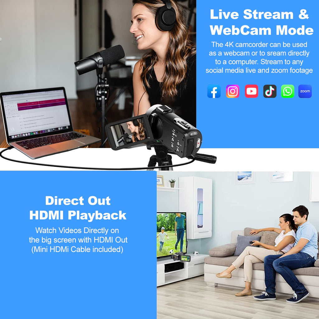 Acuvar 4K Video Camera Camcorder 48MP Auto Focus Vlogging Camera for YouTube 60FPS 18X Zoom Digital Camera WiFi, Mic, Stabilizer, 2 64GB SD Cards, 50" Tripod, Case, Charger, Card Reader