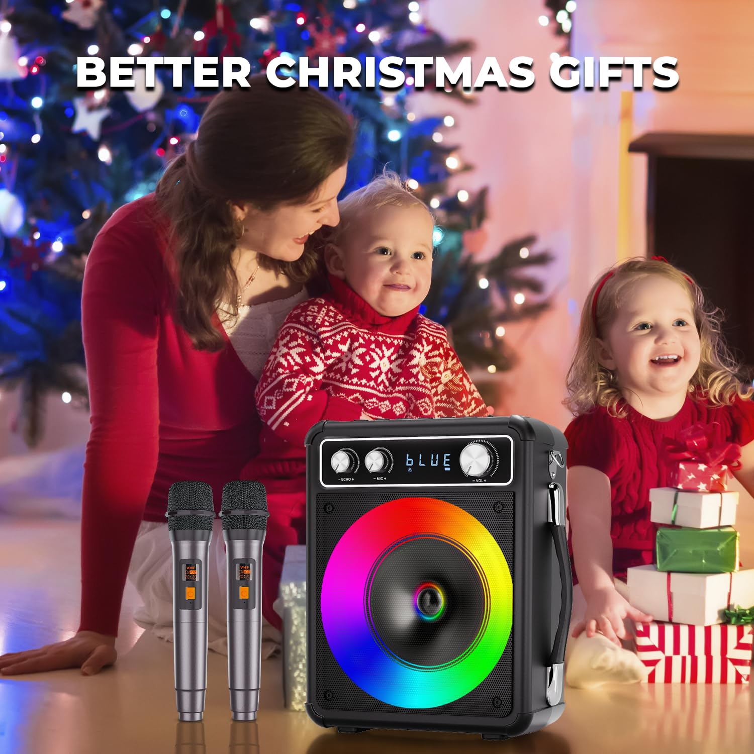 VOSOCO Karaoke Machine, Portable Bluetooth Speaker with 2 Wireless Microphones, PA System for Adults Kids with LED Lights, Supports TWS/FM/AUX/USB/TF for Home Party
