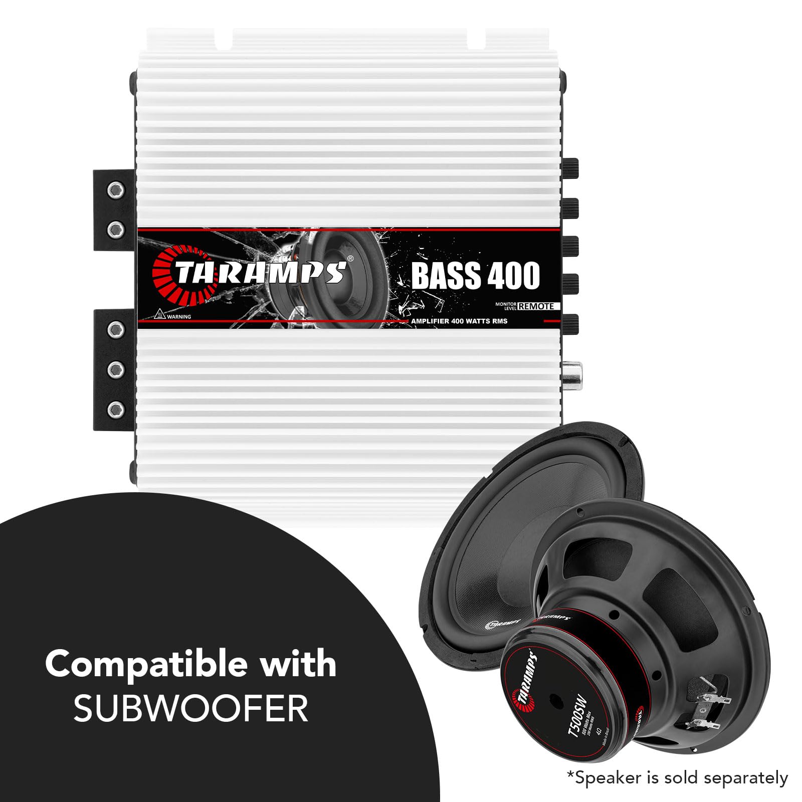 Taramps BASS 400 1 Ohm 1 Channel Mosfet Amplifier 400 Watts RMS, Monoblock, Crossover, Bass Boost, RCA/High Level Input, Class D, Car Audio, Monitor Level Remote/M1 Led Monitor, Great for Subwoofers