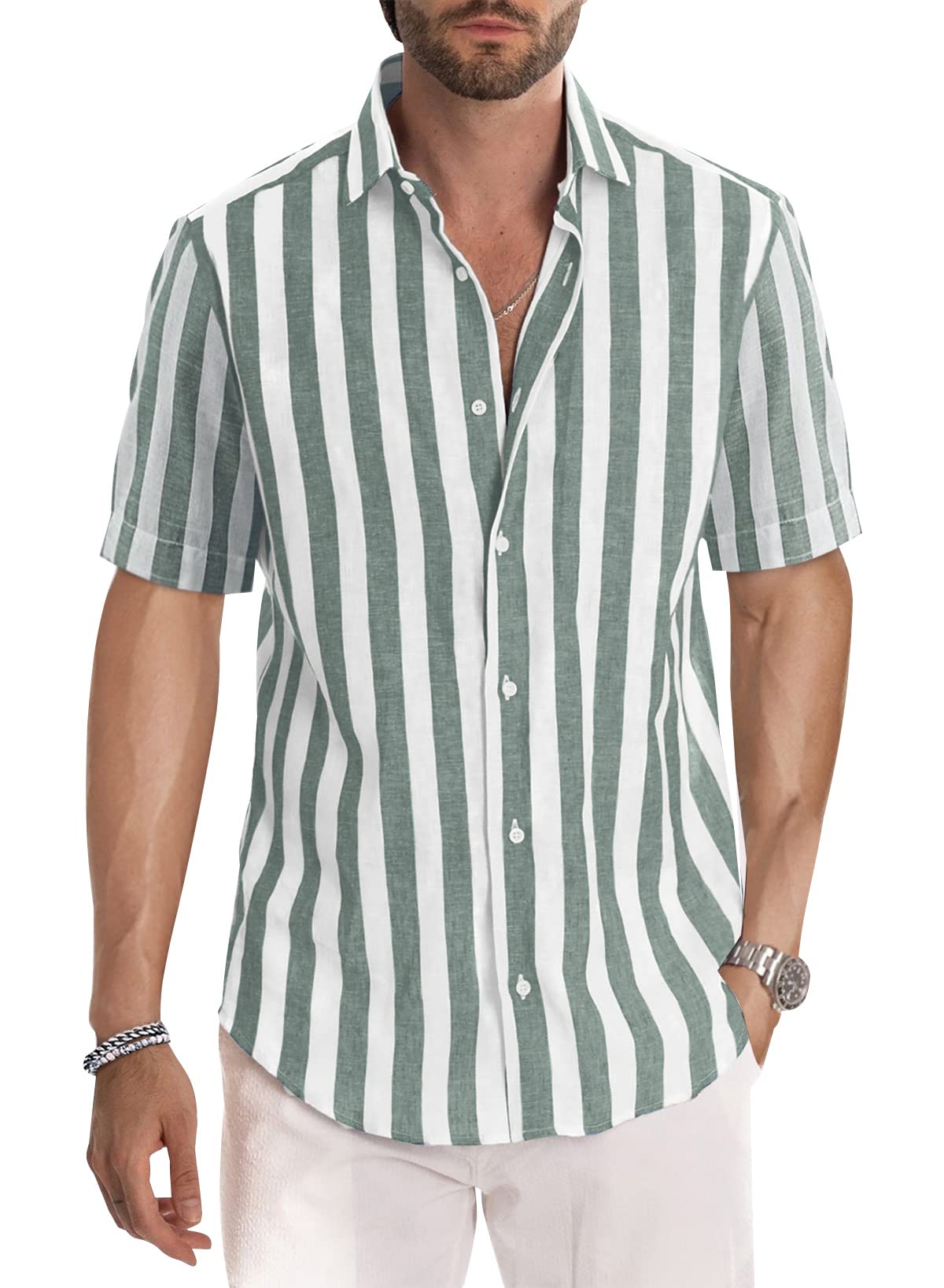 JMIERR Men's Casual Stylish Short Sleeve Button-Up Striped Dress Shirt Cotton Beach Shirts