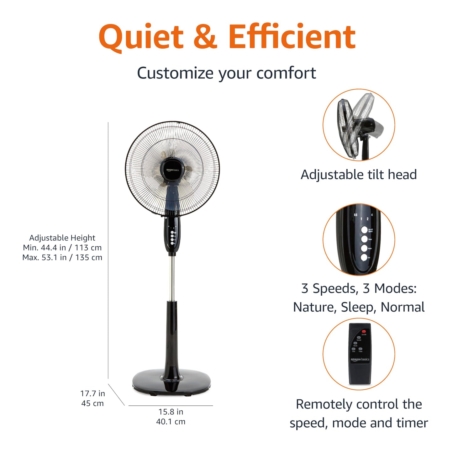 Amazon Basics 16" Pedestal Fan with Remote, Floor Fan, Standing Fan for Bedroom, Living Room, Office, with 3 Speeds, 3 Modes, Timer, Dual-Layered Blades, Adjustable Height, Tilt Head