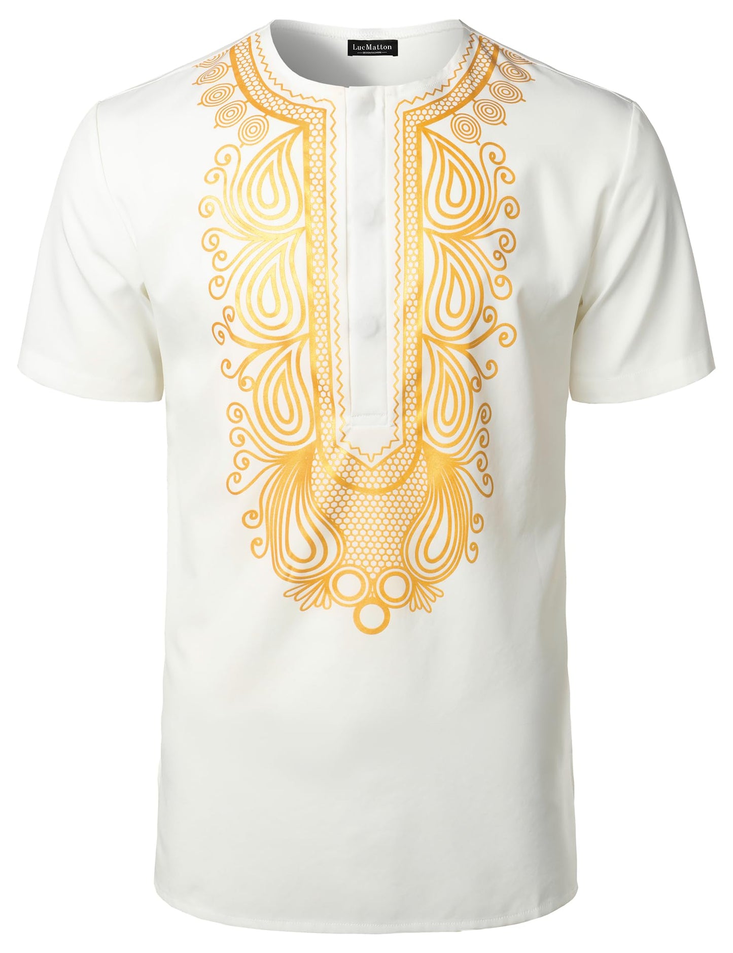 LucMatton Men's African Short Sleeve Hidden Button Shirt Metallic Foil Stamping Dashiki T Shirt