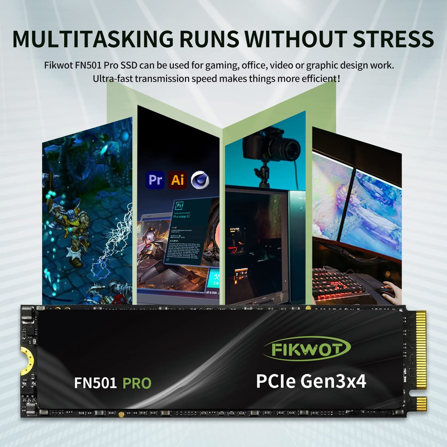 Fikwot FN501 Pro NVMe SSD - M.2 2280 PCIe Gen3 x4 Internal Solid State Drive with Graphene Cooling Sticker, Up to 3,500MB/s, SLC Cache 3D NAND TLC, Compatible with Laptop & PC Desktop