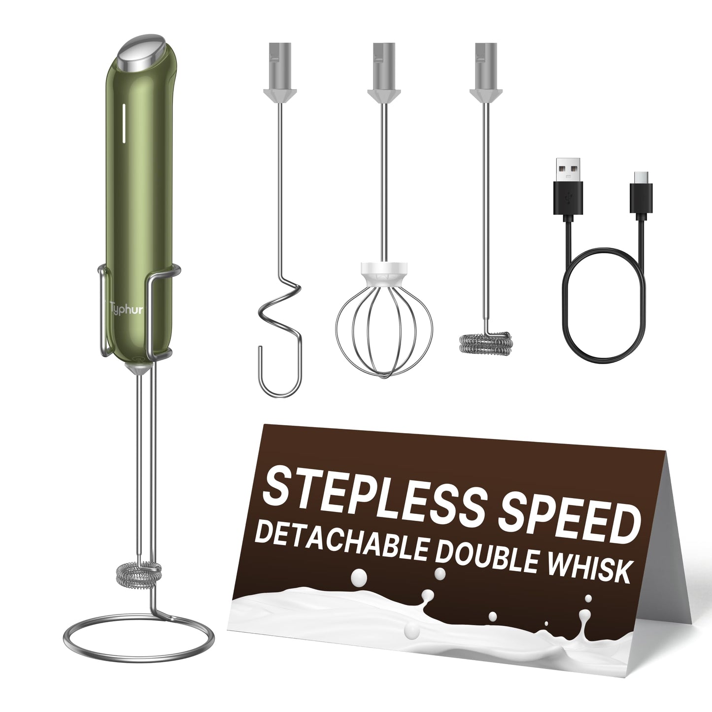 InstaWhisk Milk Frother with Variable Speed, Rechargeable Coffee Frother Wand with Detachable Double Whisk, Handheld Electric Stirrer for Latte, Cappuccino, Almond Milk, Protein