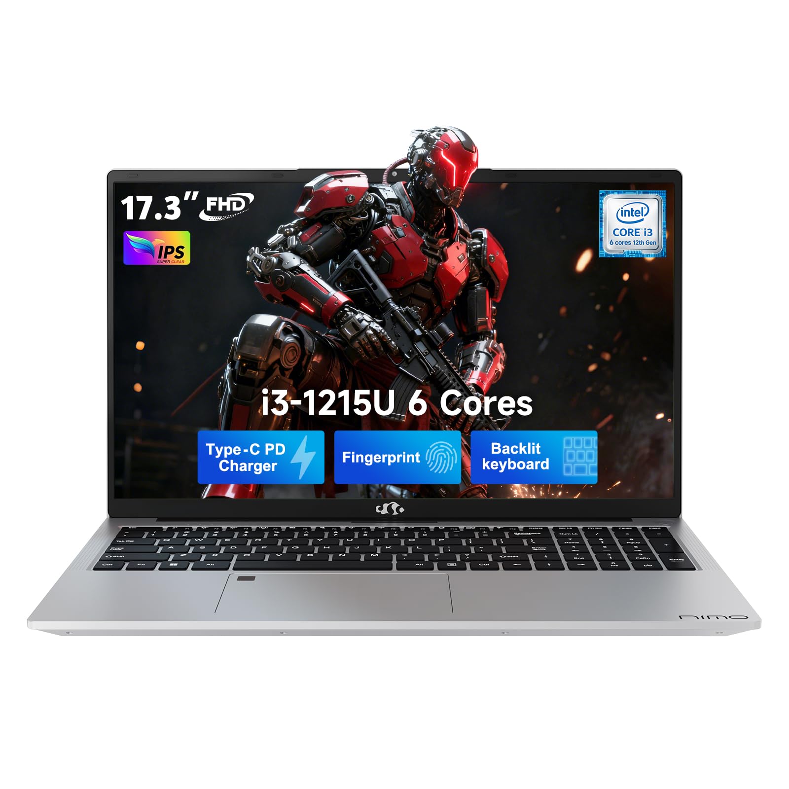 NIMO 17.3" IPS FHD Laptop, Intel 6 Cores i3-1215U 8GB RAM 128GB SSD (Beat Ryzen 5 7520U, Up to 4.4GHz) Computer with 65W GaN Type C Backlit Keyboard Fingerprint, for Home Student and Business