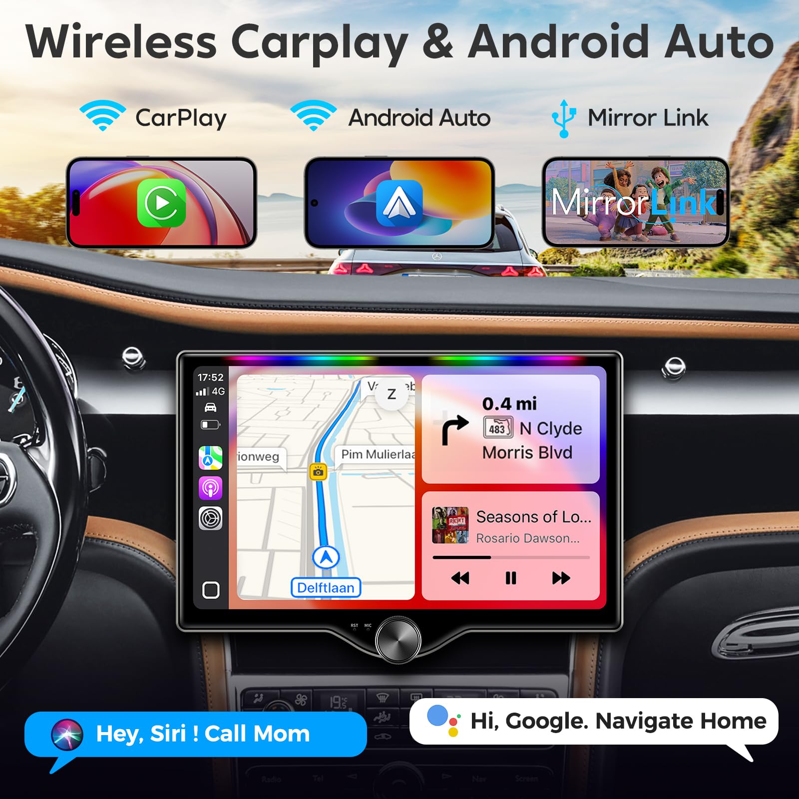 Kissound Double Din Car Stereo Wireless Apple Carplay & Android Auto, Bluetooth, 240W, SWC, Subwoofer Output,Backup Camera, 240W, Dual Subwoofer Output,FM/AM