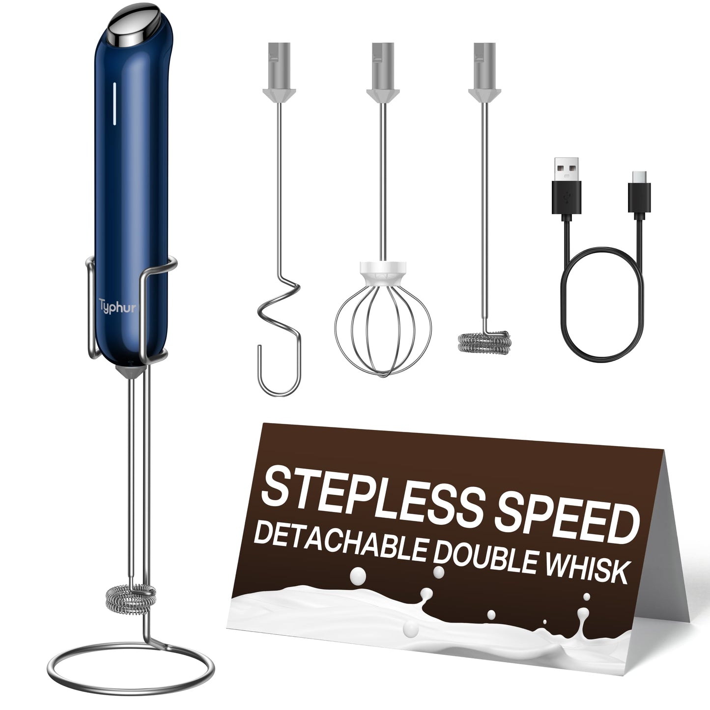 InstaWhisk Milk Frother with Variable Speed, Rechargeable Coffee Frother Wand with Detachable Double Whisk, Handheld Electric Stirrer for Latte, Cappuccino, Almond Milk, Protein