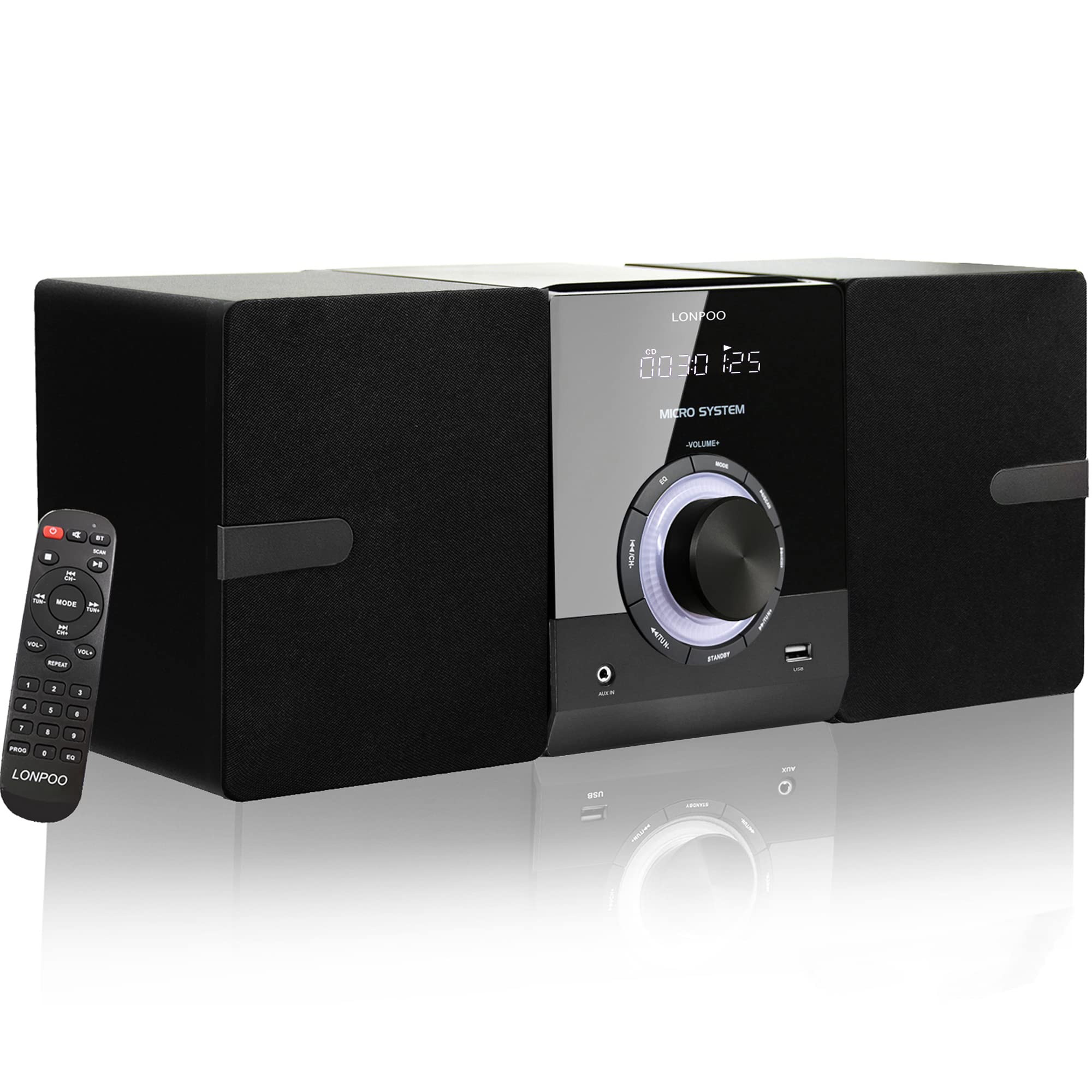 Compact Stereo System Speakers with CD Player, Bluetooth, FM Radio, Aux-in, USB-in, Earphone Jack, DSP-Tech, Remote, 30W Crisp-Sound Shelf Stereo System for Home