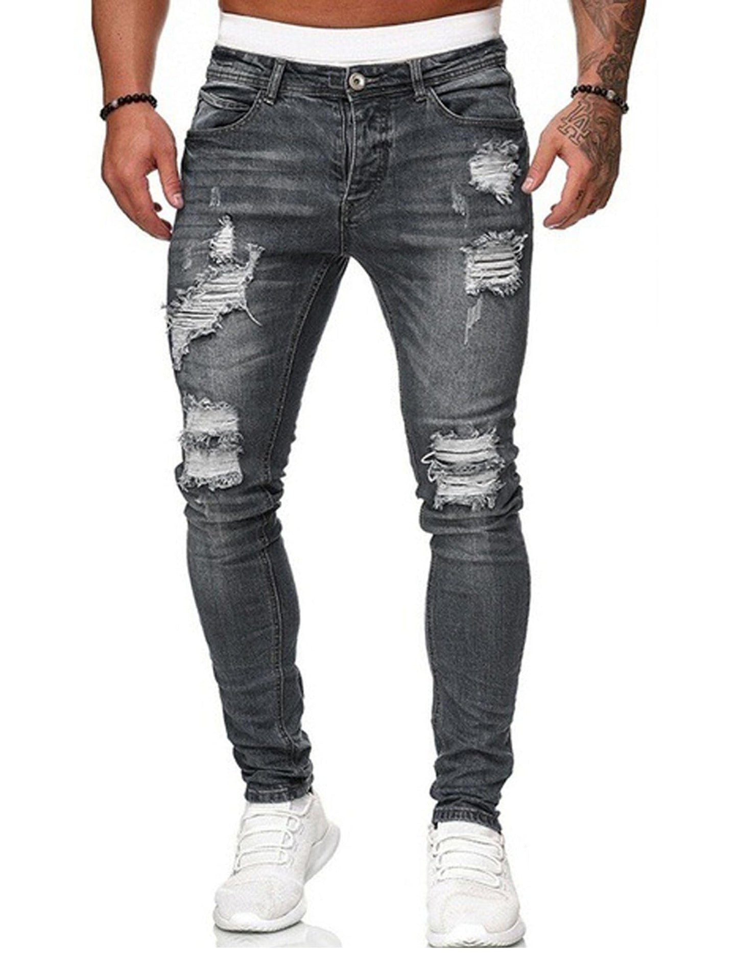 HUNGSON Men's Blue Slim Fit Jeans Stretch Destroyed Ripped Skinny Jeans Side Striped Denim Pants