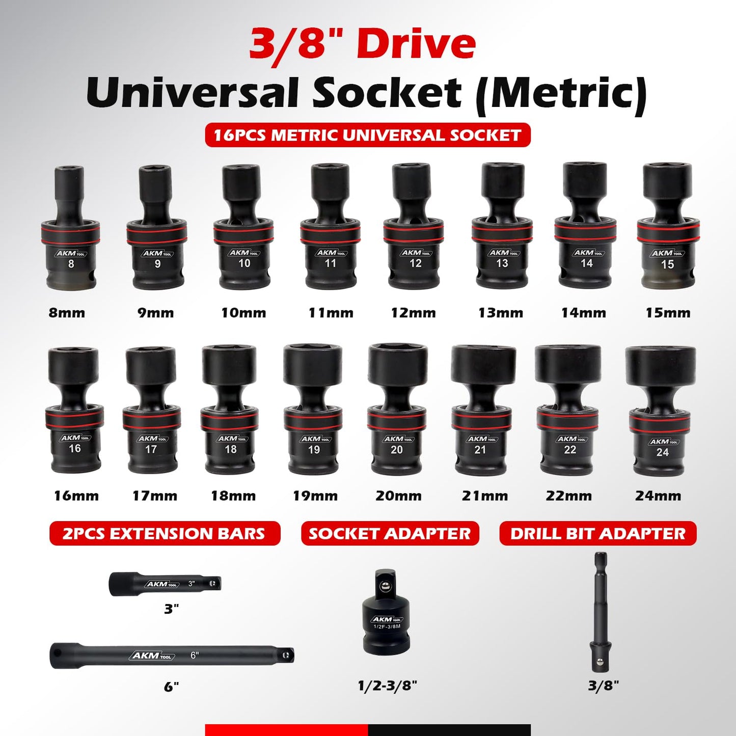 AKM TOOL 3/8" Drive Universal Impact Socket Set, Swivel Socket Set, Universal Joint Socket 6-Point, Metric