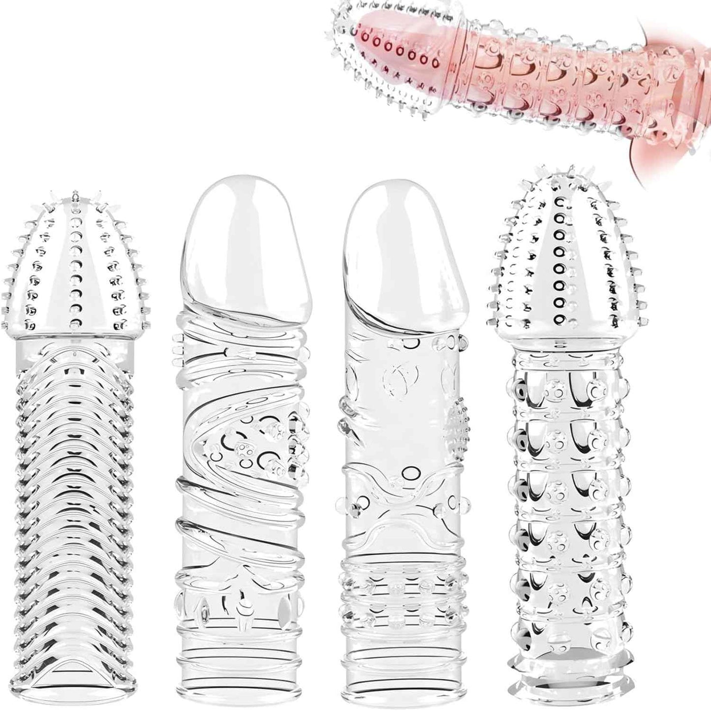 Transparent Penis Extender Cock Sleeve Male Sex Toy for Couples,4Pcs Realistic Dildo Penis Sleeve Enlarger Add Girth & Length,Soft Elastic Penis Ring Extension Fit for Enhanced Intimacy Adult Sex Toys