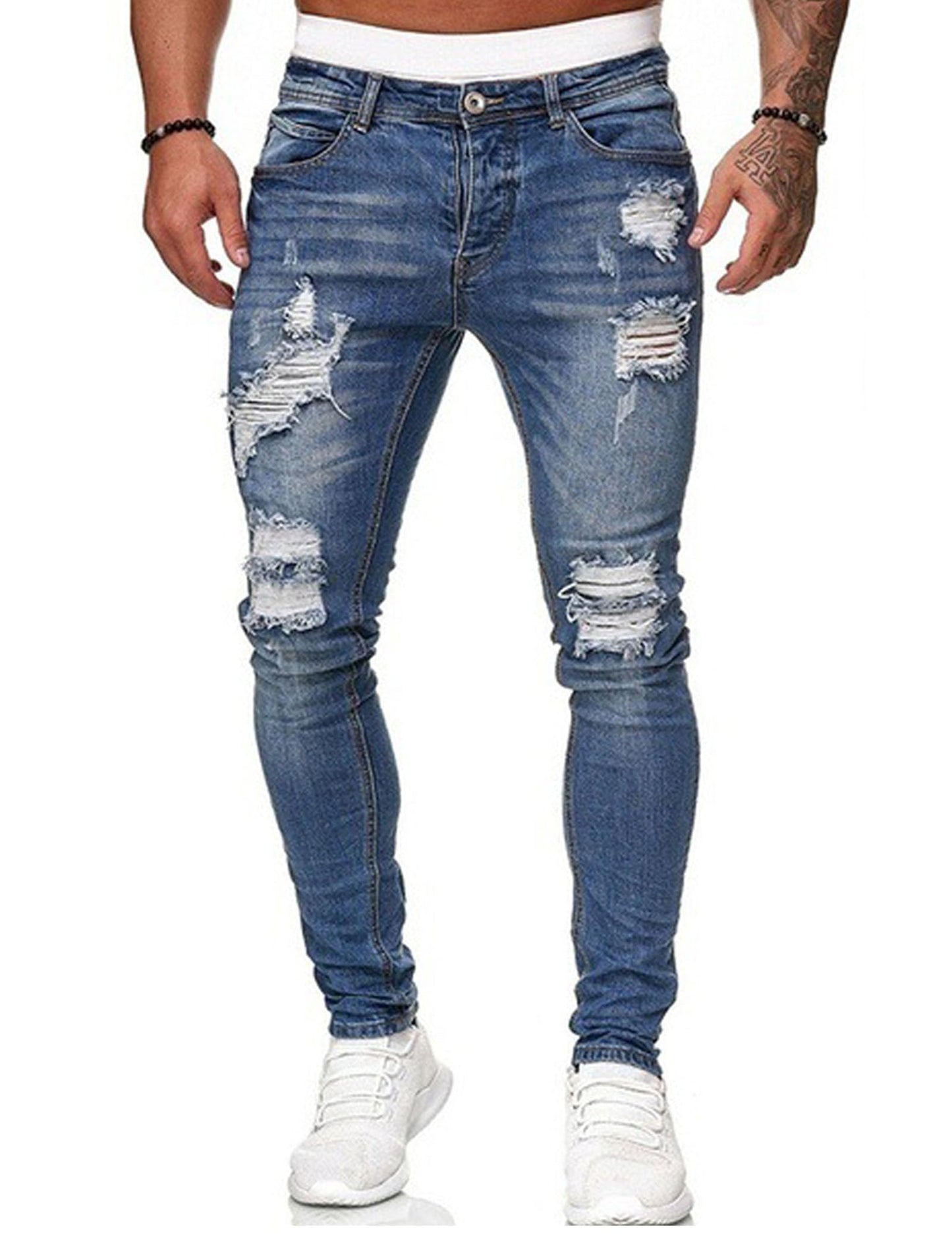 HUNGSON Men's Blue Slim Fit Jeans Stretch Destroyed Ripped Skinny Jeans Side Striped Denim Pants