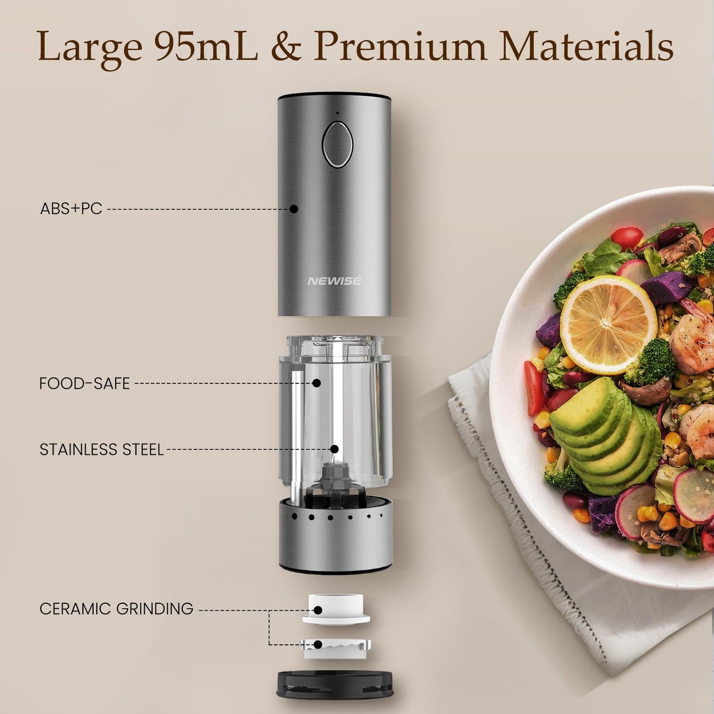 Newise Electric Salt and Pepper Grinder Set, Rechargeable Salt and Pepper Shakers with Wood Base, Adjustable Coarseness, Large Capacity, Stainless Steel