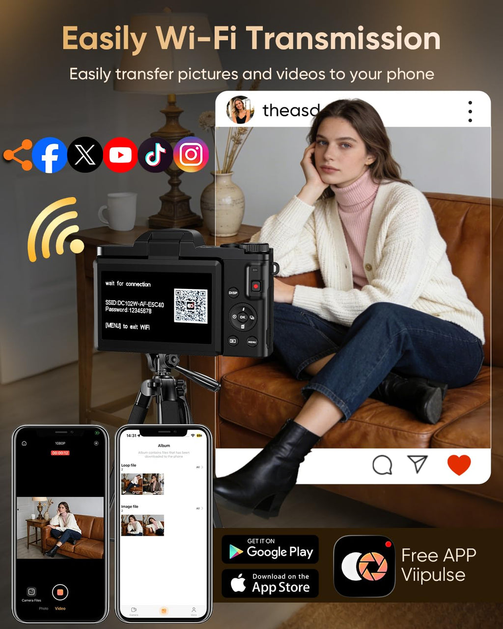4K Digital Camera for Photography with WiFi,64MP Autofocus 3'' 180° Flip Screen 16X Zoom Vlogging Camera for YouTube, Compact Travel Camera for Beginners, Anti-Shake, 32GB Card, 2 Batteries
