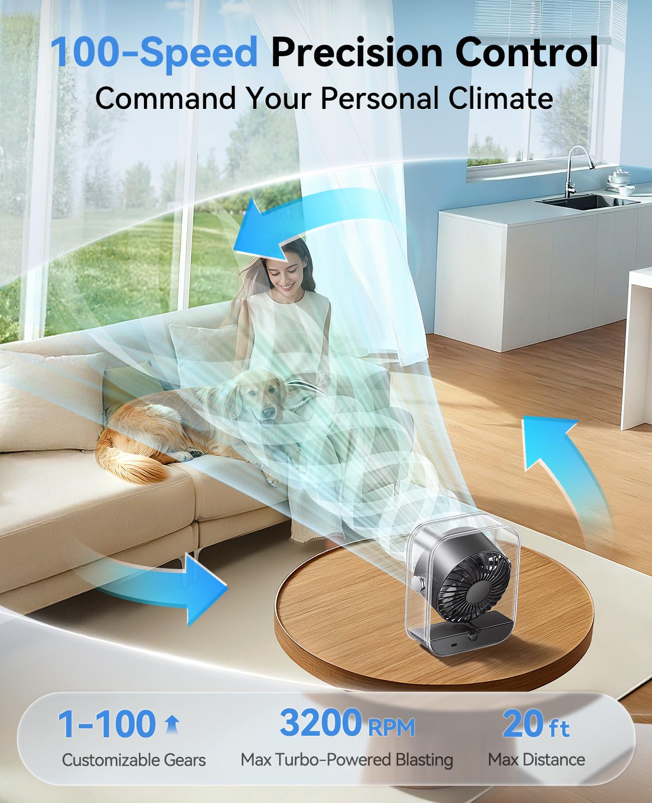 DIGIX USB Rechargeable Desk Fan, Small Portable Table Fan with 100 Speeds Turbo Airflow, 90° Tilt Quiet Desk Fans for Bedroom with LED Display, Personal Cooling Fan for Travel Office Camping