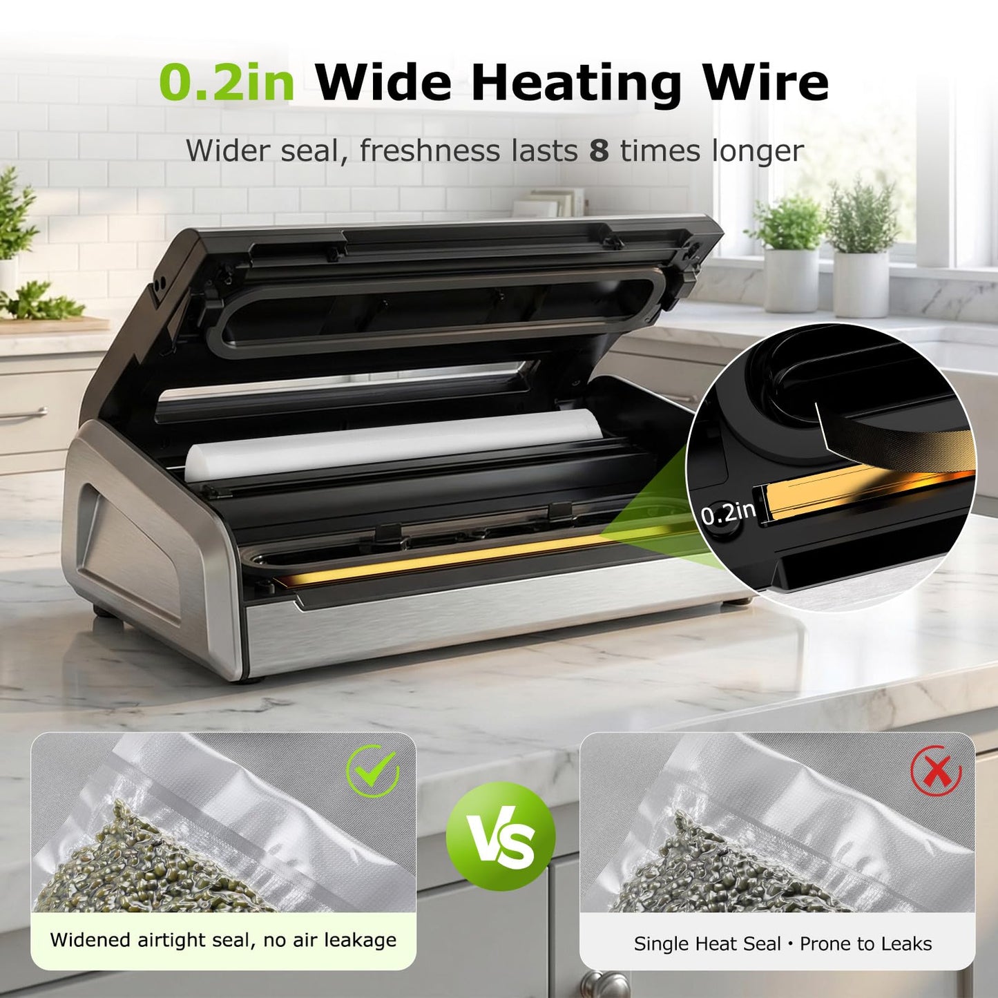 Bonsenkitchen Vacuum Sealer for Food, One-Hand Operation Food Vacuum Sealer Machine with 0.2-inch wider seal, Built-in Cutter and Bag Storage